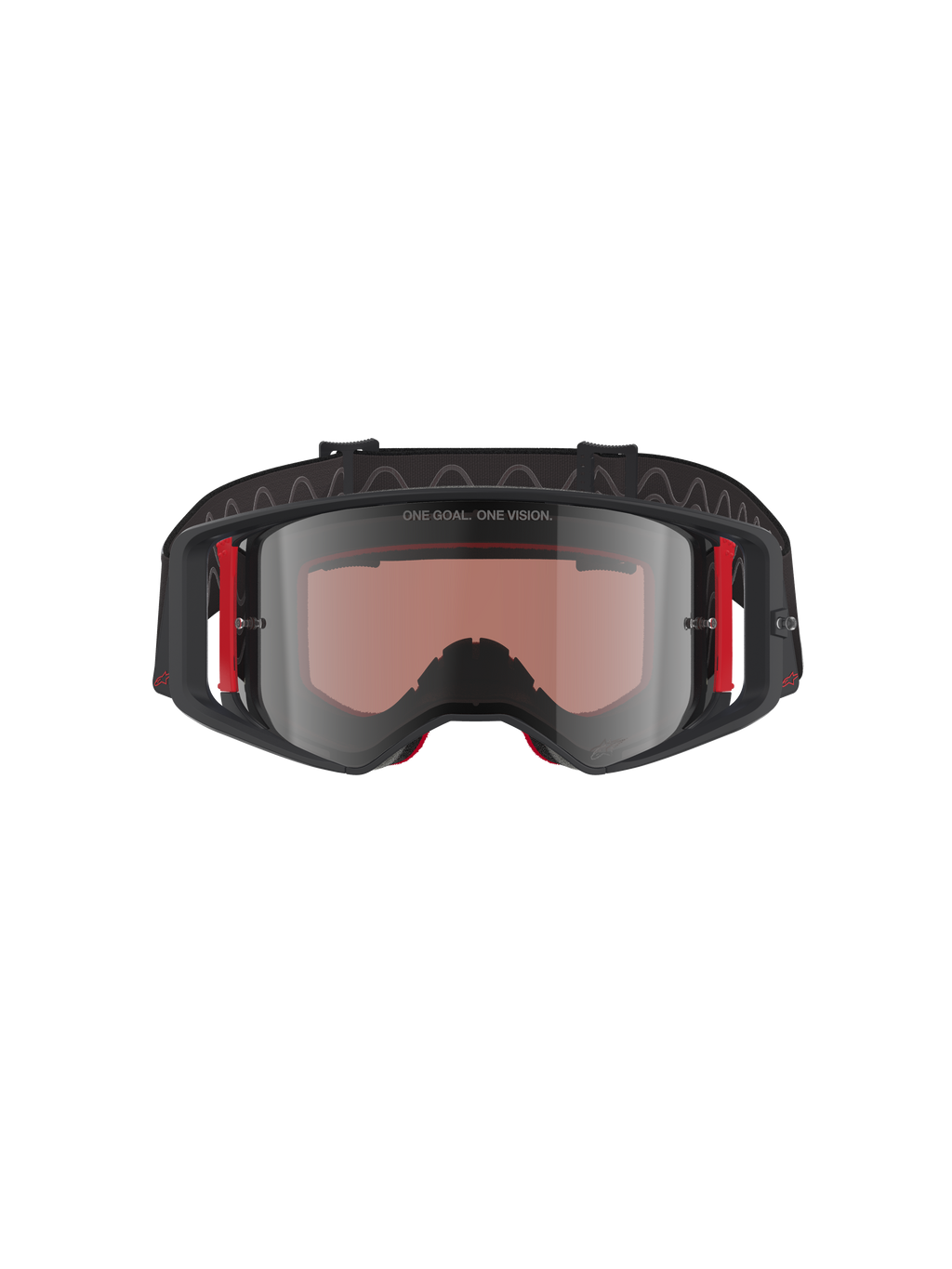 Masque Alpinestars Supertech Corp Absolute Vision, lunettes de motocross, monture noire et rouge avec écran miroir argenté, avec l'inscription 'ONE GOAL. ONE VISION.' sur le dessus de la monture et des accents rouges latéraux, protection oculaire de qualité professionnelle pour le motocross