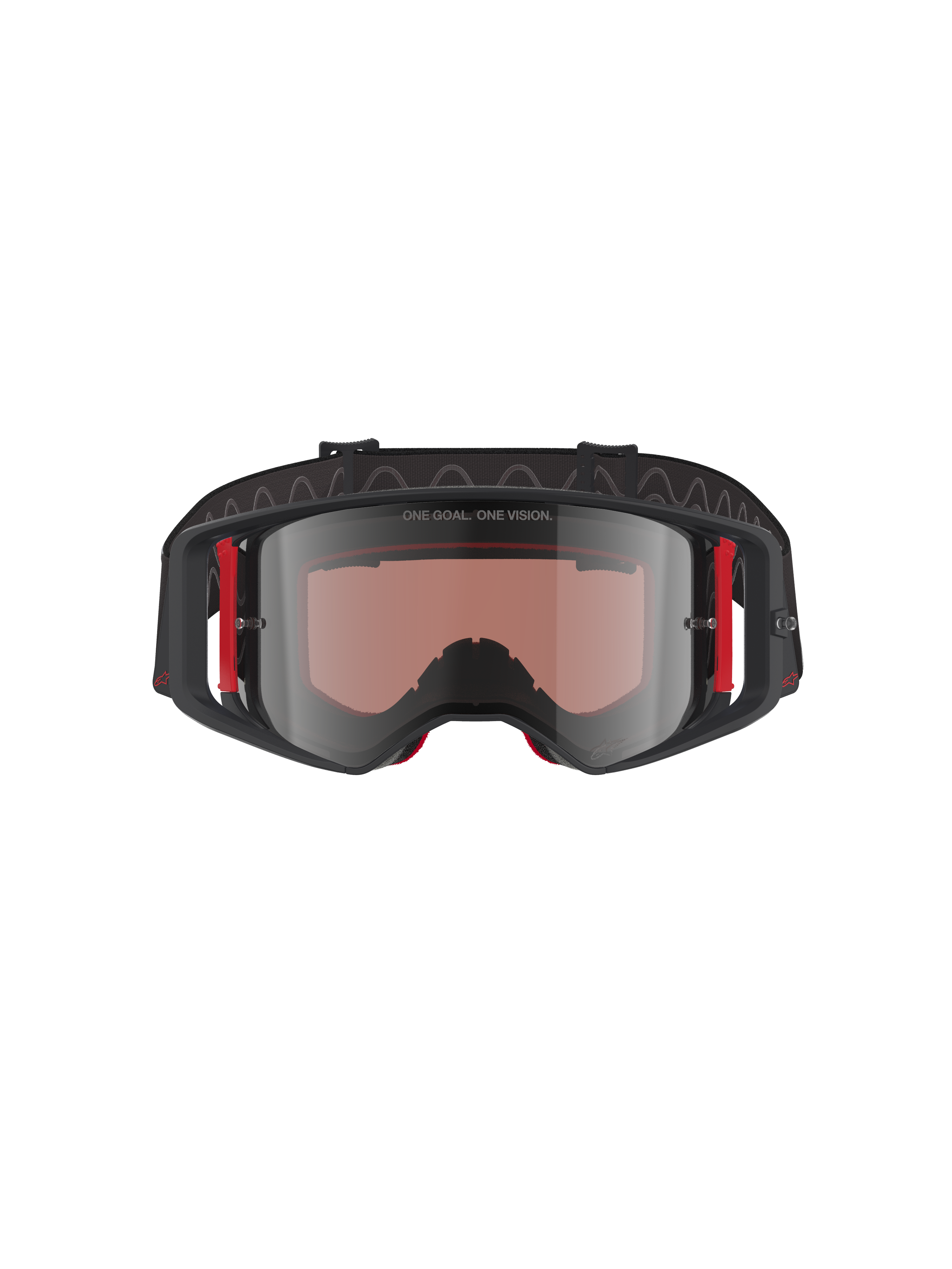 Masque Alpinestars Supertech Corp Absolute Vision, lunettes de motocross, monture noire et rouge avec écran miroir argenté, avec l'inscription 'ONE GOAL. ONE VISION.' sur le dessus de la monture et des accents rouges latéraux, protection oculaire de qualité professionnelle pour le motocross