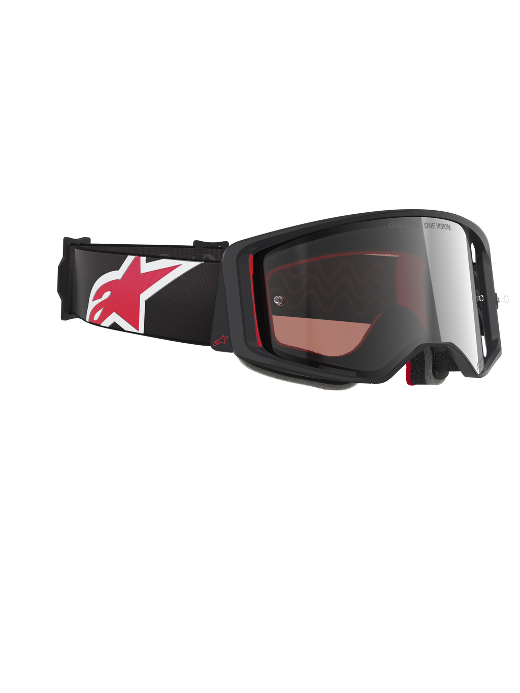 Masque Alpinestars Supertech Corp Absolute Vision, lunettes de motocross, noir et rouge avec écran miroir argenté, profil incliné montrant le bandeau noir avec un grand logo étoilé rouge et blanc, design épuré pour la performance tout-terrain