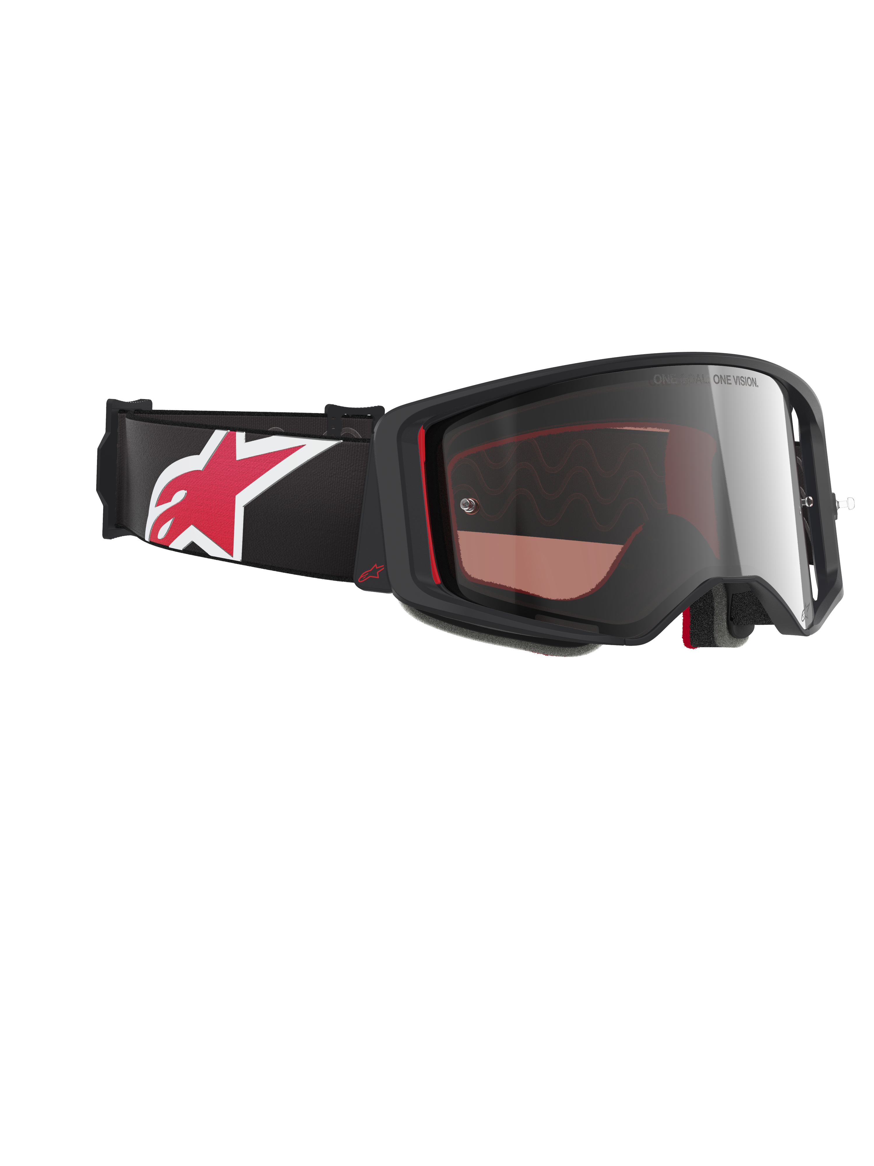 Masque Alpinestars Supertech Corp Absolute Vision, lunettes de motocross, noir et rouge avec écran miroir argenté, profil incliné montrant le bandeau noir avec un grand logo étoilé rouge et blanc, design épuré pour la performance tout-terrain