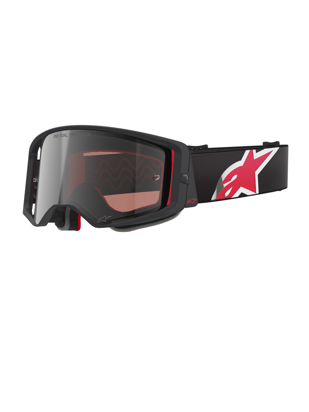 Alpinestars Supertech Corp Goggles Absolute Vision, lunettes de motocross, noir et rouge avec écran miroir argenté, marquage « ONE GOAL. ONE VISION. », sangle noire avec grand logo étoile rouge et blanc, monture angulaire avec rembourrage en mousse, protection oculaire tout-terrain haut de gamme