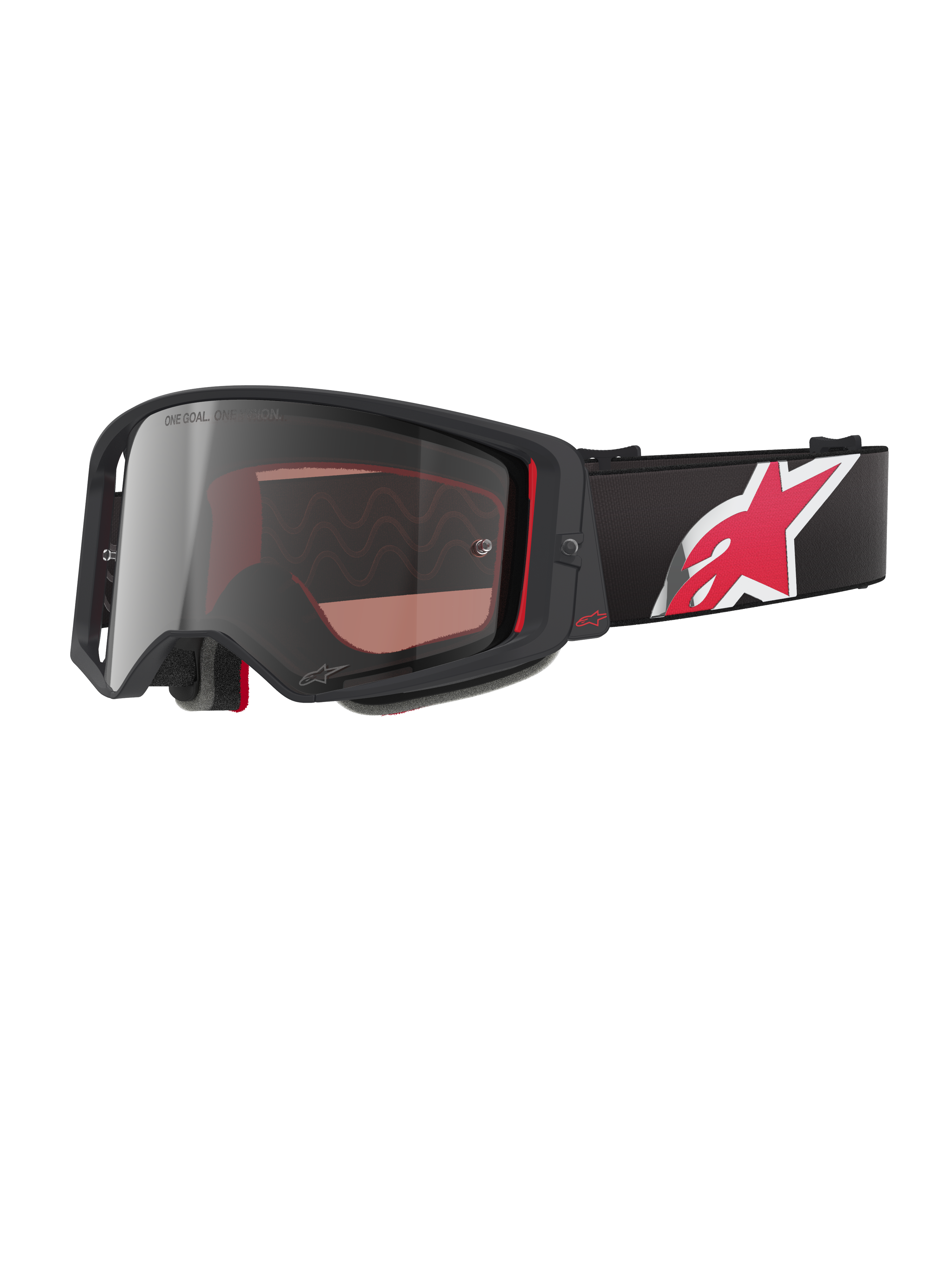Alpinestars Supertech Corp Goggles Absolute Vision, lunettes de motocross, noir et rouge avec écran miroir argenté, marquage « ONE GOAL. ONE VISION. », sangle noire avec grand logo étoile rouge et blanc, monture angulaire avec rembourrage en mousse, protection oculaire tout-terrain haut de gamme