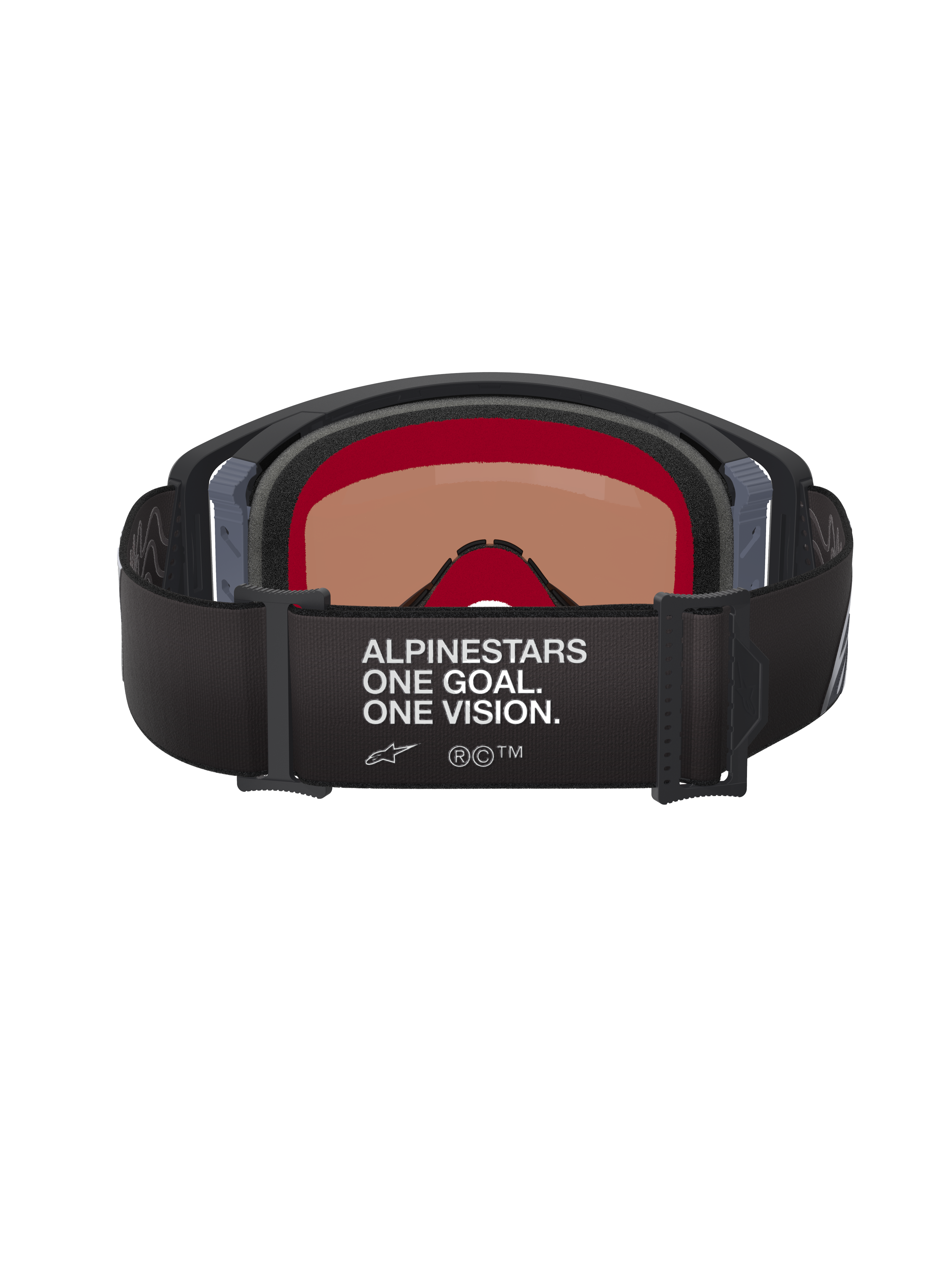 Masque Alpinestars Supertech Corp Absolute Vision, lunettes de motocross, noir et gris, vue arrière montrant la sangle réglable noire avec le texte blanc 'ALPINESTARS ONE GOAL. ONE VISION.', écran à teinte chaude et mousse faciale multicouche.