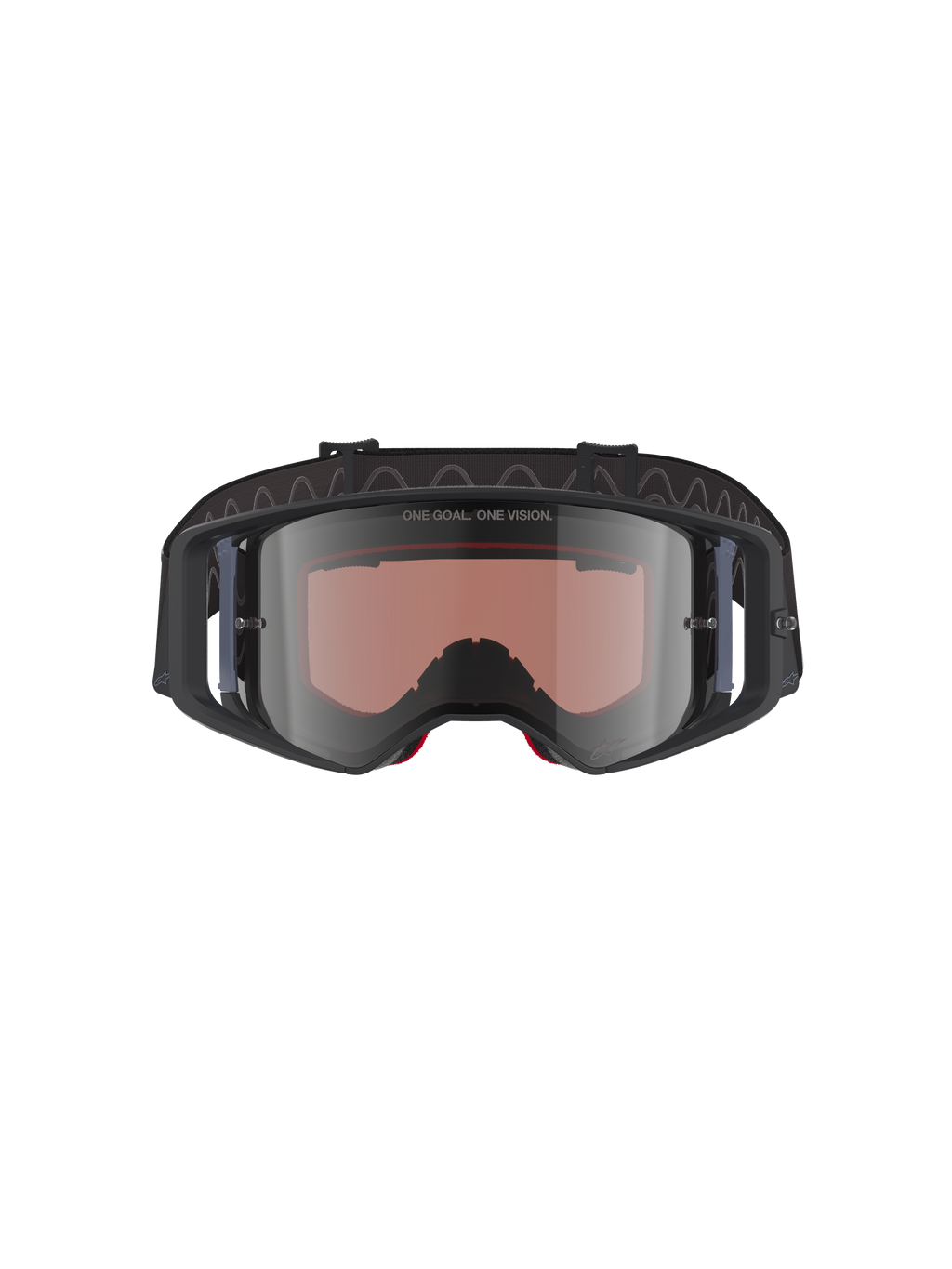 Alpinestars Supertech Corp Goggles Absolute Vision, lunettes de motocross, noir gris miroir argent, texte "ONE GOAL. ONE VISION." sur l'écran, écran en polycarbonate à large champ de vision, protection oculaire haute performance pour le tout-terrain
