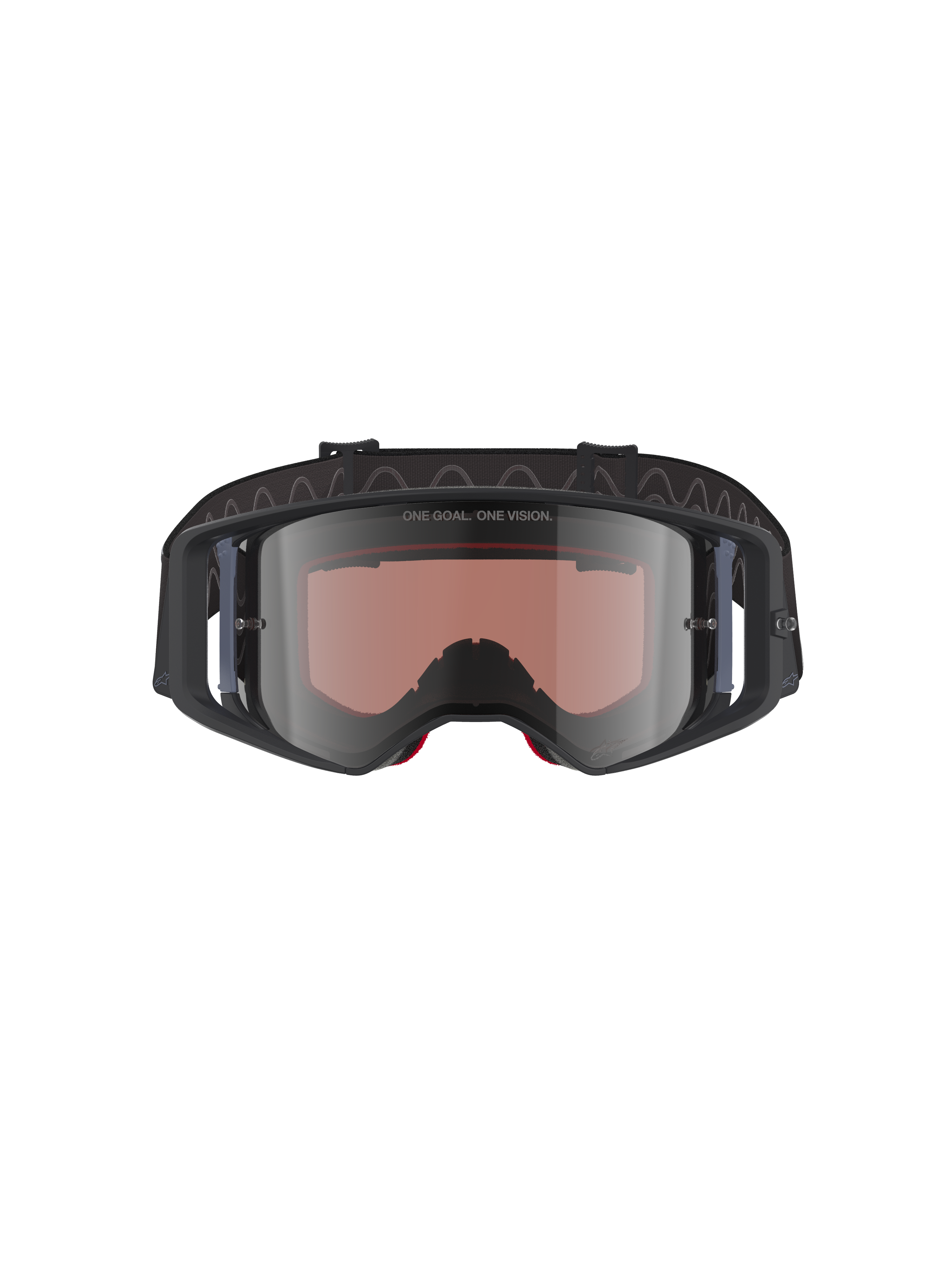 Alpinestars Supertech Corp Goggles Absolute Vision, lunettes de motocross, noir gris miroir argent, texte "ONE GOAL. ONE VISION." sur l'écran, écran en polycarbonate à large champ de vision, protection oculaire haute performance pour le tout-terrain