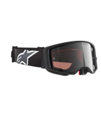 Alpinestars Supertech Corp Goggles Absolute Vision, masque de motocross, monture noire et grise avec écran miroir argenté, large bandeau noir avec logo Astars blanc et gris, lunettes de performance pour la course tout-terrain