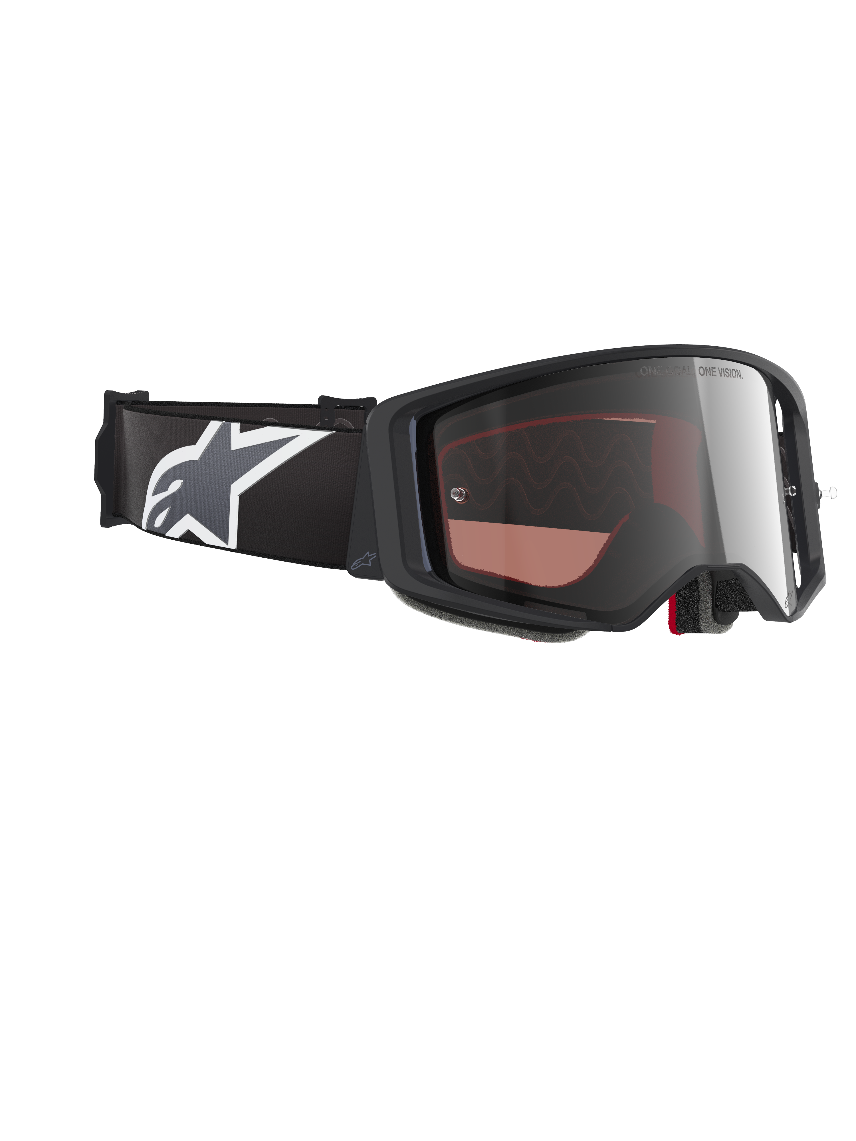 Alpinestars Supertech Corp Goggles Absolute Vision, masque de motocross, monture noire et grise avec écran miroir argenté, large bandeau noir avec logo Astars blanc et gris, lunettes de performance pour la course tout-terrain