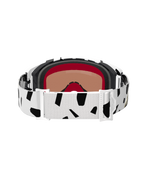 Vue arrière des lunettes Alpinestars Supertech Corp Absolute Vision, White Gold Mirror Gold, dotées d'un bandeau blanc aux motifs abstraits noirs, de boucles de réglage blanches et d'une mousse faciale multicouche pour le motocross et le tout-terrain.