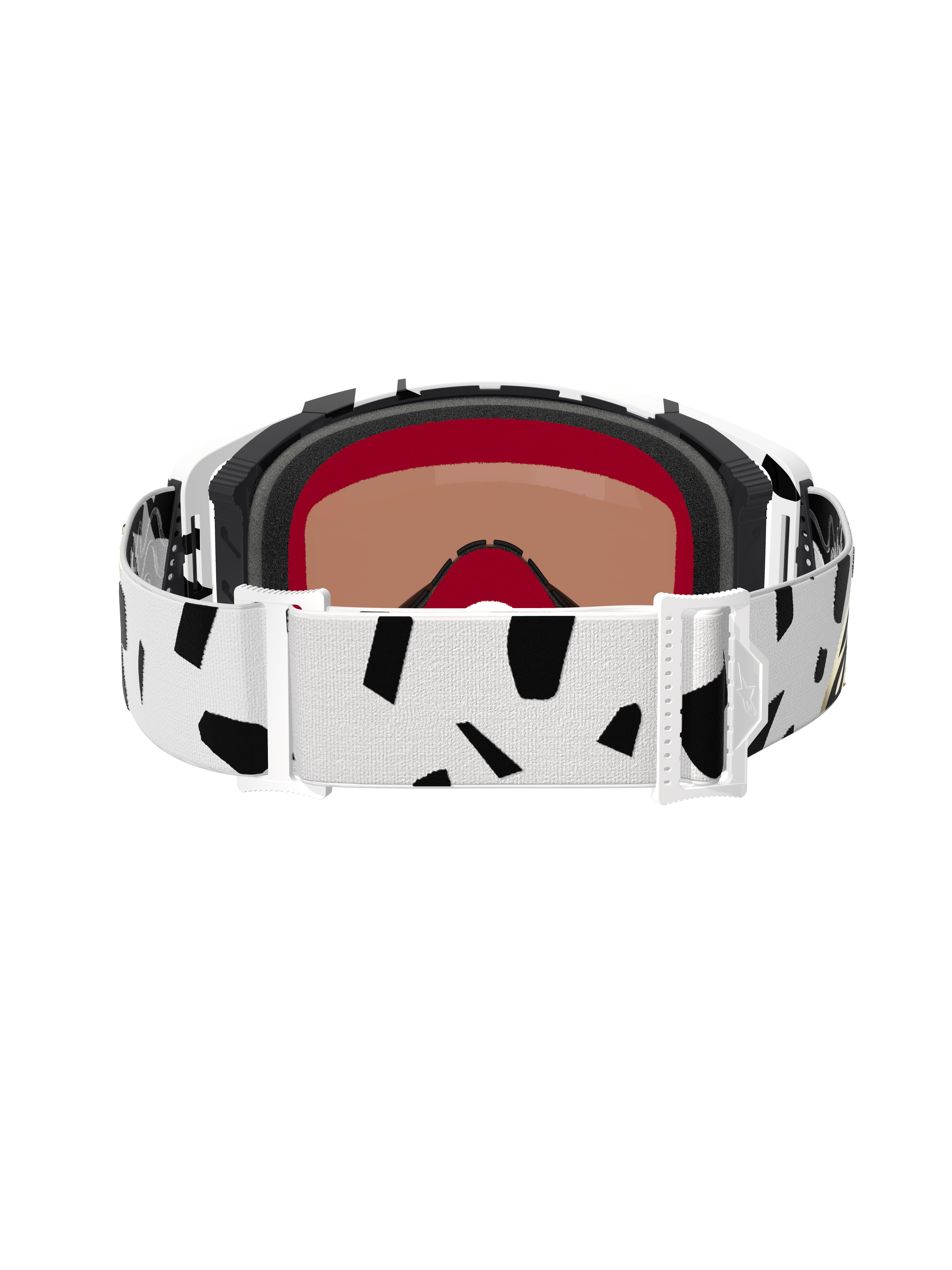 Vue arrière des lunettes Alpinestars Supertech Corp Absolute Vision, White Gold Mirror Gold, dotées d'un bandeau blanc aux motifs abstraits noirs, de boucles de réglage blanches et d'une mousse faciale multicouche pour le motocross et le tout-terrain.