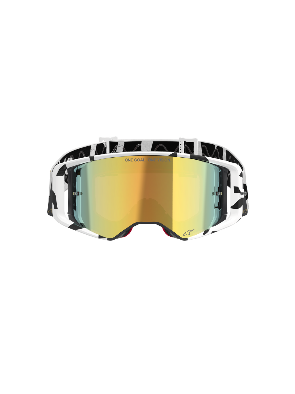 Alpinestars Supertech Corp Goggles Absolute Vision, masque de motocross, blanc et miroir doré, doté d'une monture et d'un bandeau à motifs graphiques noir et blanc, écran miroir doré avec le texte 'ONE GOAL. ONE VISION.', lunettes tout-terrain haute performance