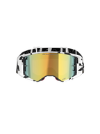 Alpinestars Supertech Corp Goggles Absolute Vision, masque de motocross, blanc et miroir doré, doté d'une monture et d'un bandeau à motifs graphiques noir et blanc, écran miroir doré avec le texte 'ONE GOAL. ONE VISION.', lunettes tout-terrain haute performance
