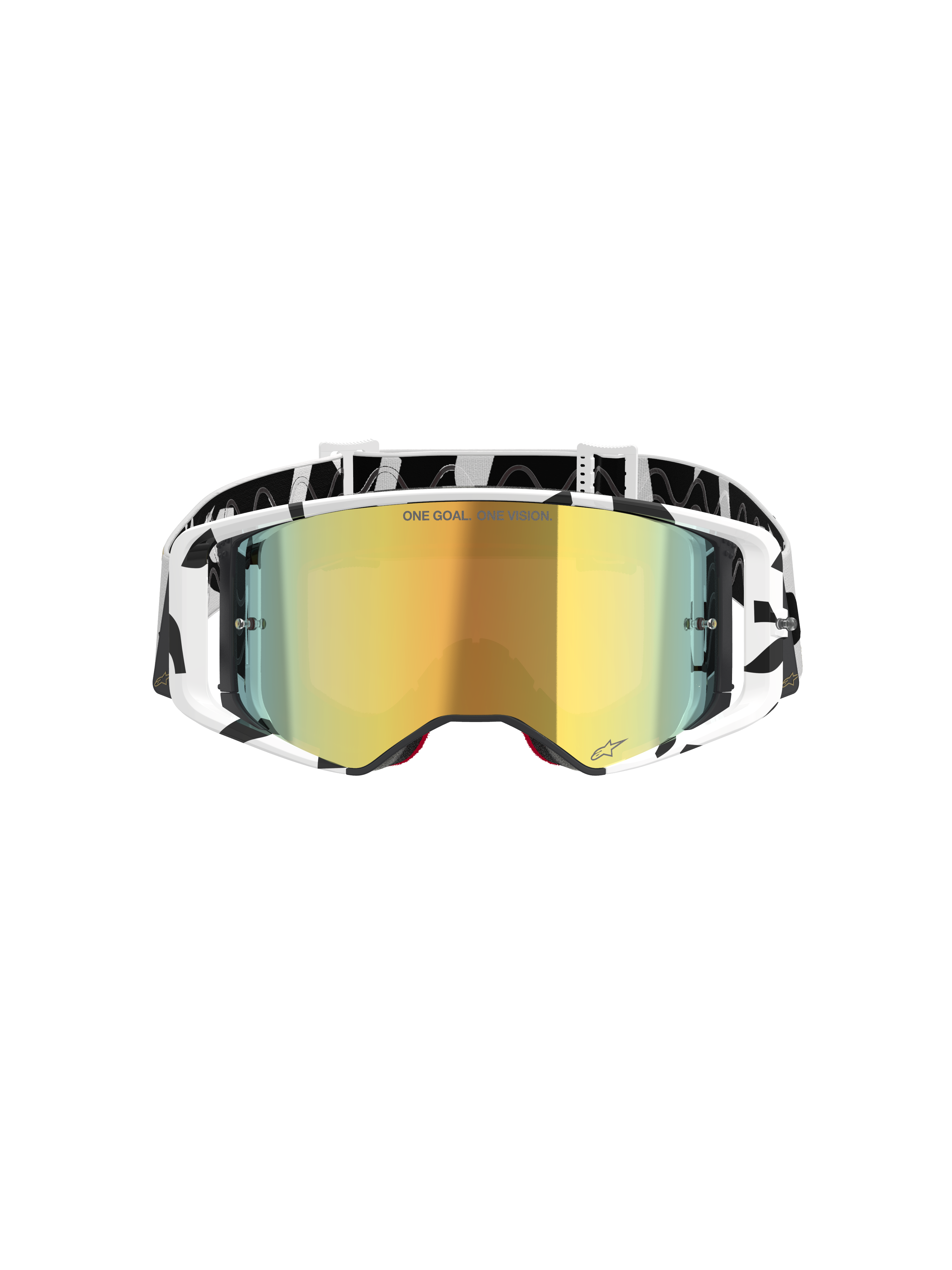 Alpinestars Supertech Corp Goggles Absolute Vision, masque de motocross, blanc et miroir doré, doté d'une monture et d'un bandeau à motifs graphiques noir et blanc, écran miroir doré avec le texte 'ONE GOAL. ONE VISION.', lunettes tout-terrain haute performance