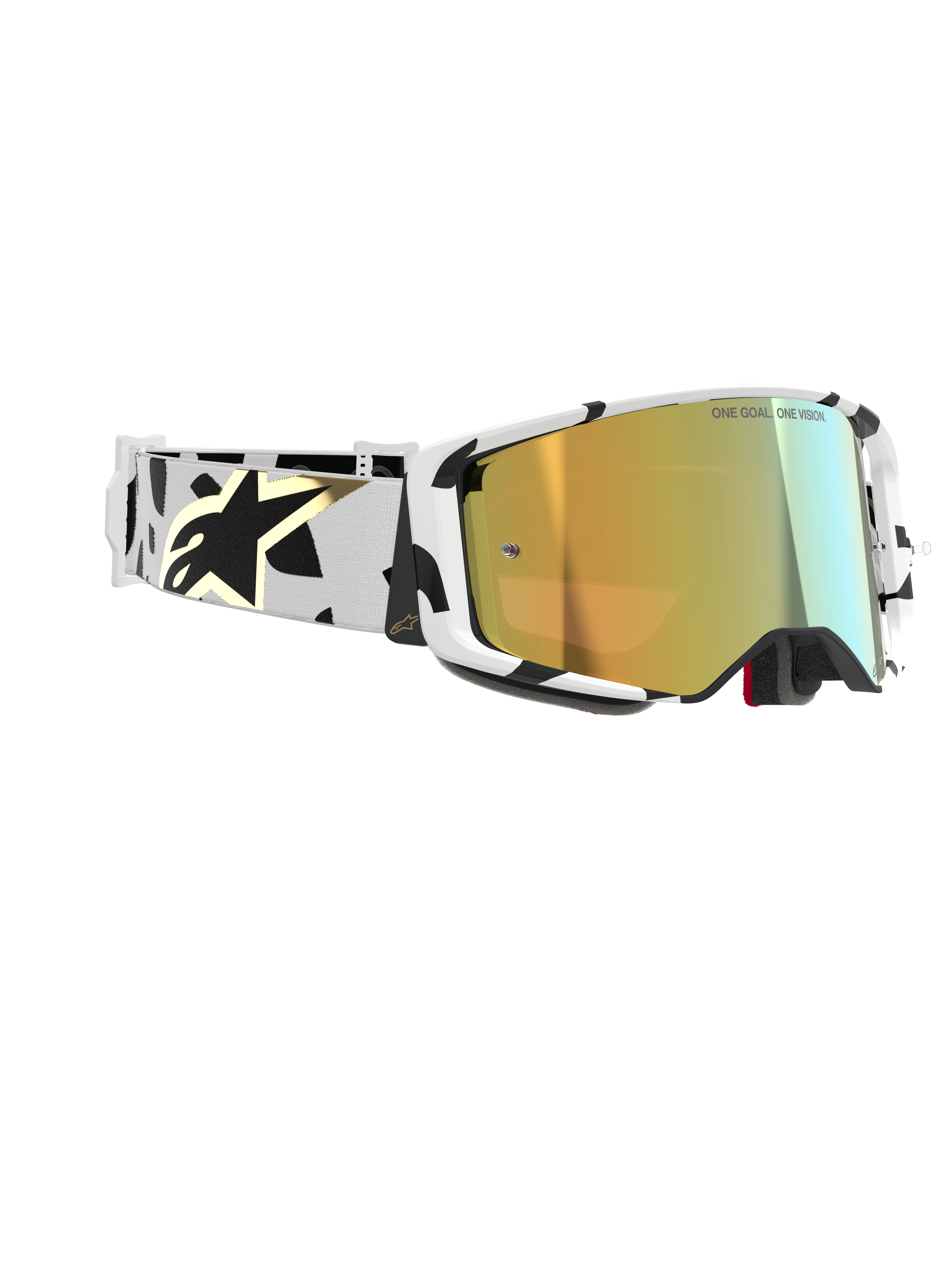 Masque Alpinestars Supertech Corp Absolute Vision, lunettes de motocross, monture blanche avec motifs graphiques noirs, écran miroir doré, bandeau blanc et noir avec logo Alpinestars doré, protection oculaire haute performance pour la course.