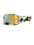 Alpinestars Supertech Corp Goggles Absolute Vision, lunettes de motocross, monture à motifs noirs et blancs avec écran miroir doré, sangle large avec motif abstrait noir et logo Alpinestars doré, marquage "ONE GOAL. ONE VISION." sur l'écran, équipement de course haute performance.