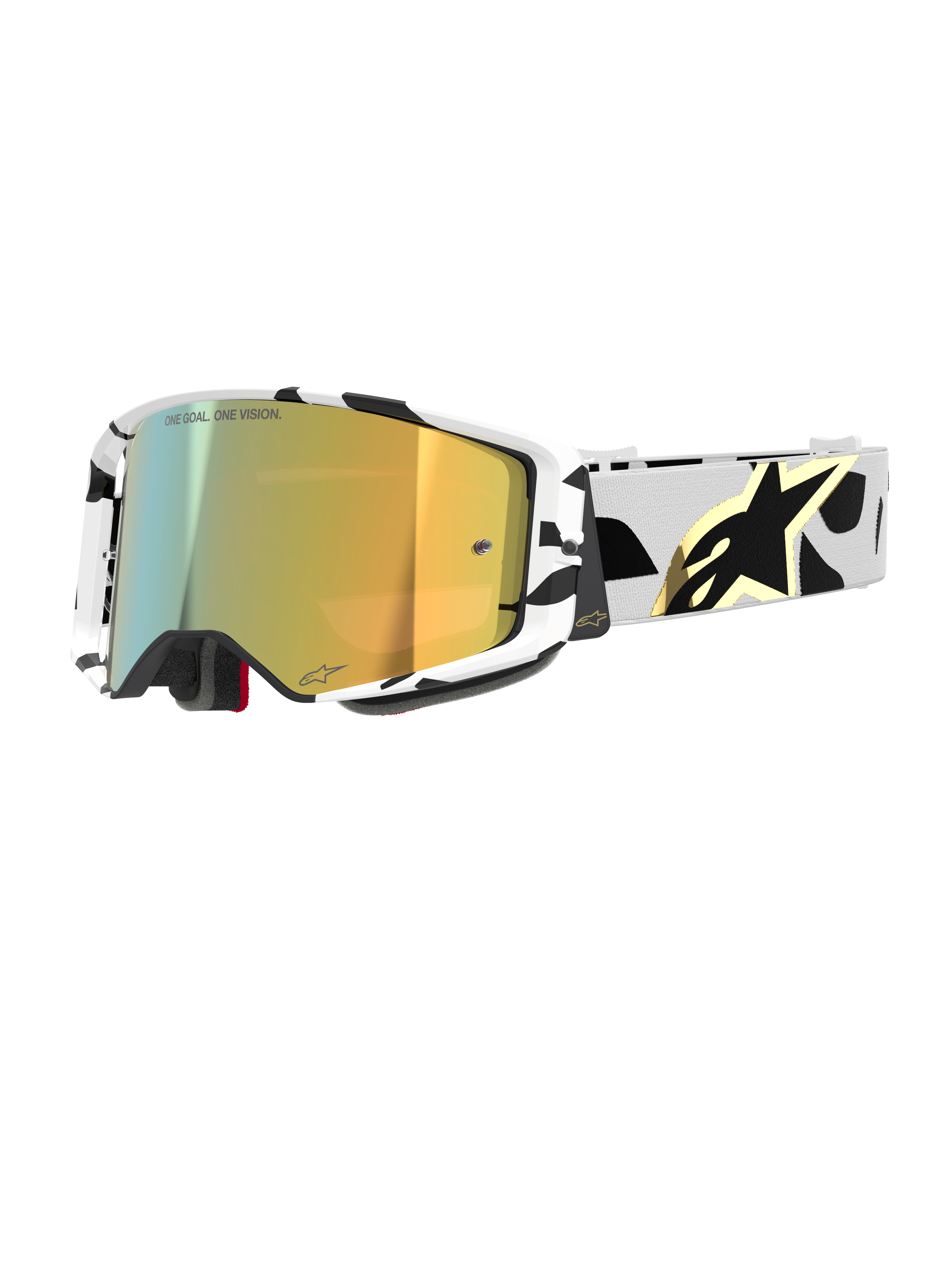 Alpinestars Supertech Corp Goggles Absolute Vision, lunettes de motocross, monture à motifs noirs et blancs avec écran miroir doré, sangle large avec motif abstrait noir et logo Alpinestars doré, marquage "ONE GOAL. ONE VISION." sur l'écran, équipement de course haute performance.