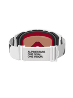 Alpinestars Supertech Corp Goggles Absolute Vision, lunettes de motocross, blanc et miroir argenté, vue arrière montrant le bandeau blanc avec le texte « ALPINESTARS ONE GOAL. ONE VISION. », mousse faciale multicouche et design de monture blanc épuré