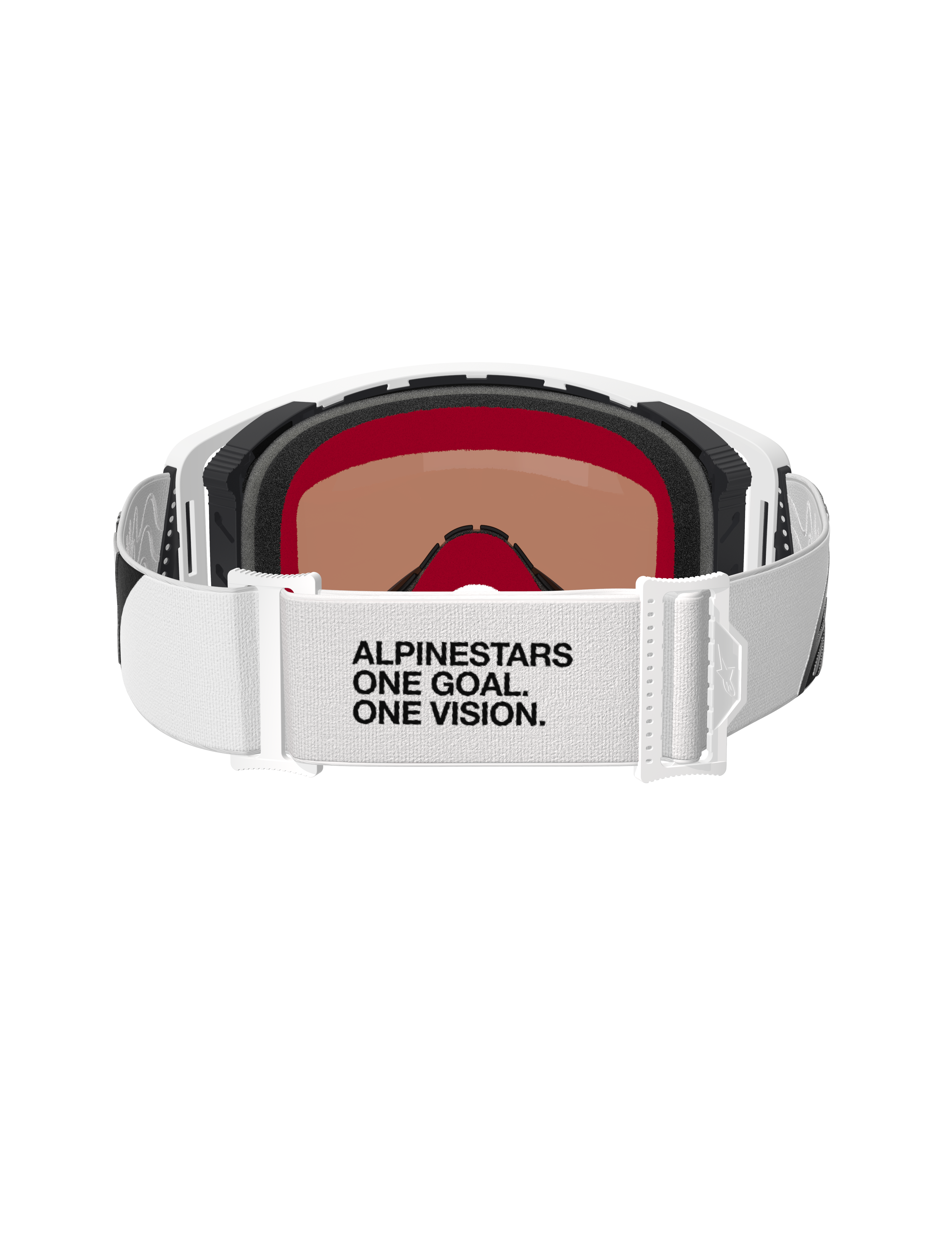 Alpinestars Supertech Corp Goggles Absolute Vision, lunettes de motocross, blanc et miroir argenté, vue arrière montrant le bandeau blanc avec le texte « ALPINESTARS ONE GOAL. ONE VISION. », mousse faciale multicouche et design de monture blanc épuré