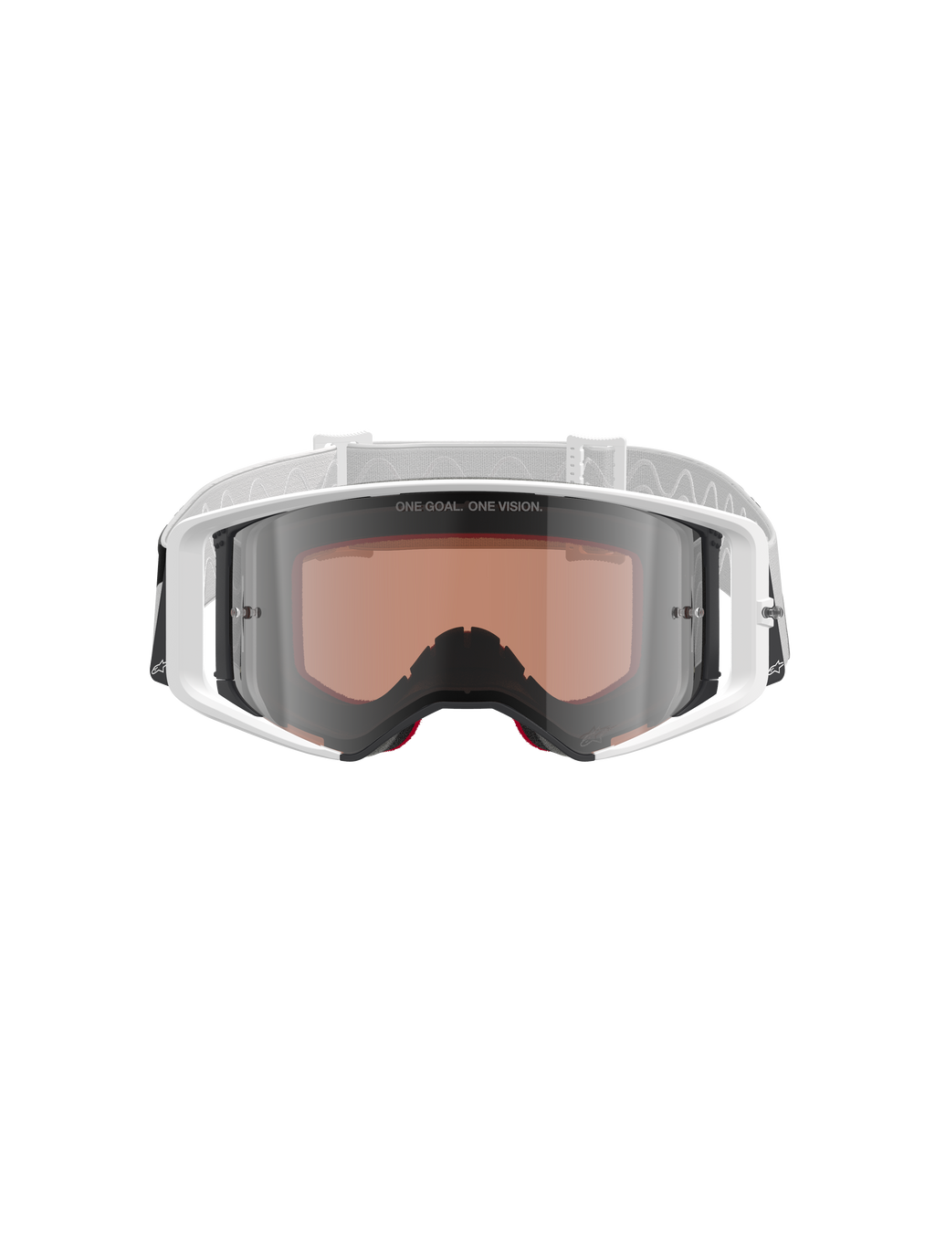 Alpinestars Supertech Corp Absolute Vision, masque de motocross, blanc et argent miroir, vue de face présentant une monture blanche et un écran argenté miroir avec le texte « ONE GOAL. ONE VISION. », bandeau blanc ajustable avec logo Alpinestars, protection oculaire haute performance pour la course tout-terrain