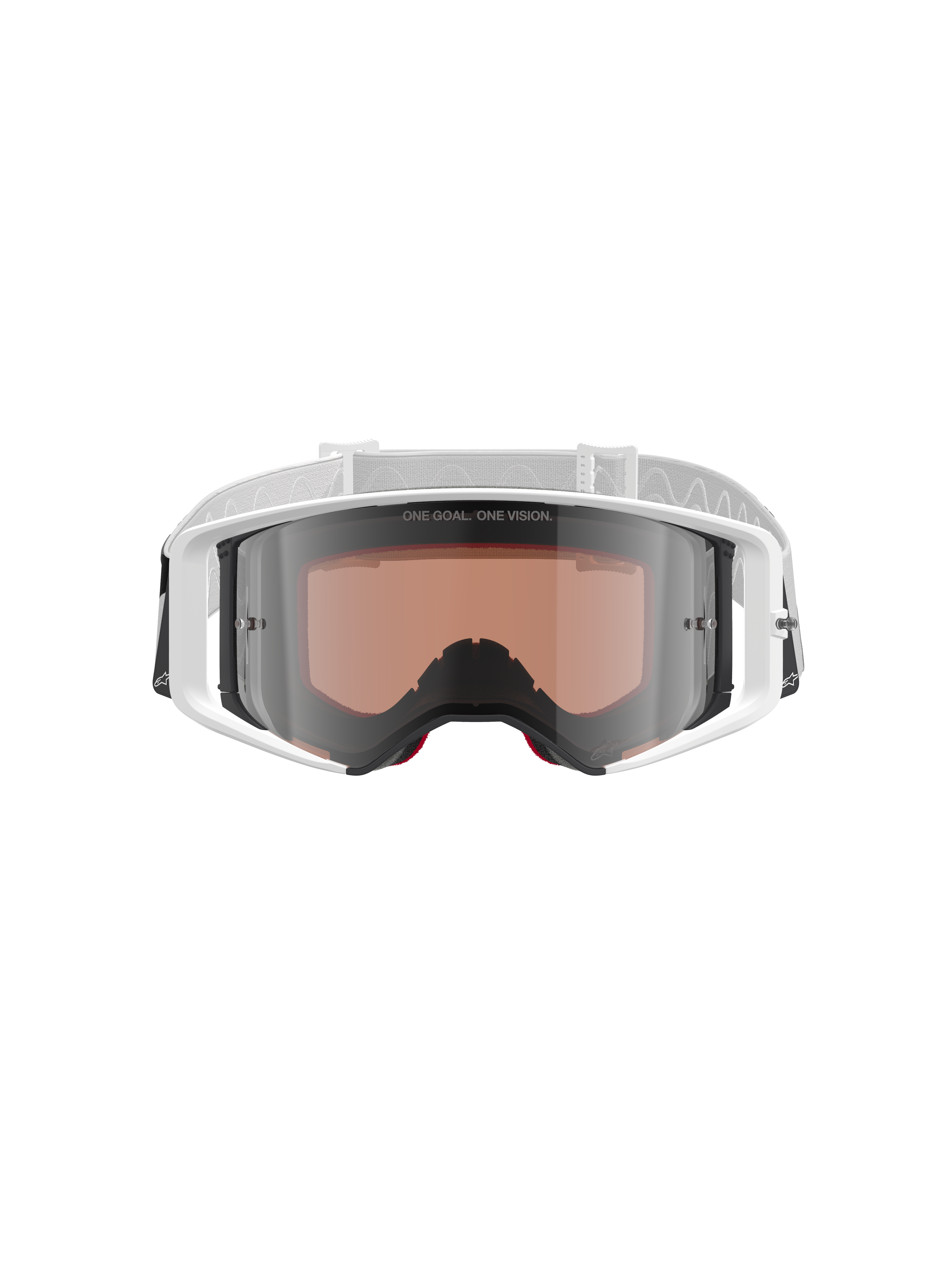 Alpinestars Supertech Corp Absolute Vision, masque de motocross, blanc et argent miroir, vue de face présentant une monture blanche et un écran argenté miroir avec le texte « ONE GOAL. ONE VISION. », bandeau blanc ajustable avec logo Alpinestars, protection oculaire haute performance pour la course tout-terrain