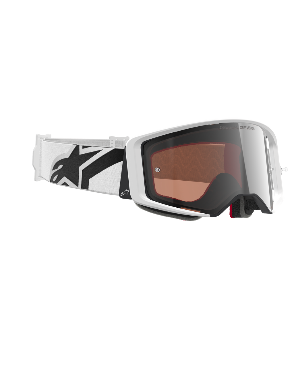 Masque Alpinestars Supertech Corp Absolute Vision, masque de motocross, blanc et argent miroir, doté d'une monture blanche avec un écran argenté réfléchissant, large bandeau blanc réglable avec logo étoile noir, lunettes de course tout-terrain professionnelles