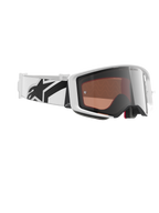 Masque Alpinestars Supertech Corp Absolute Vision, masque de motocross, blanc et argent miroir, doté d'une monture blanche avec un écran argenté réfléchissant, large bandeau blanc réglable avec logo étoile noir, lunettes de course tout-terrain professionnelles