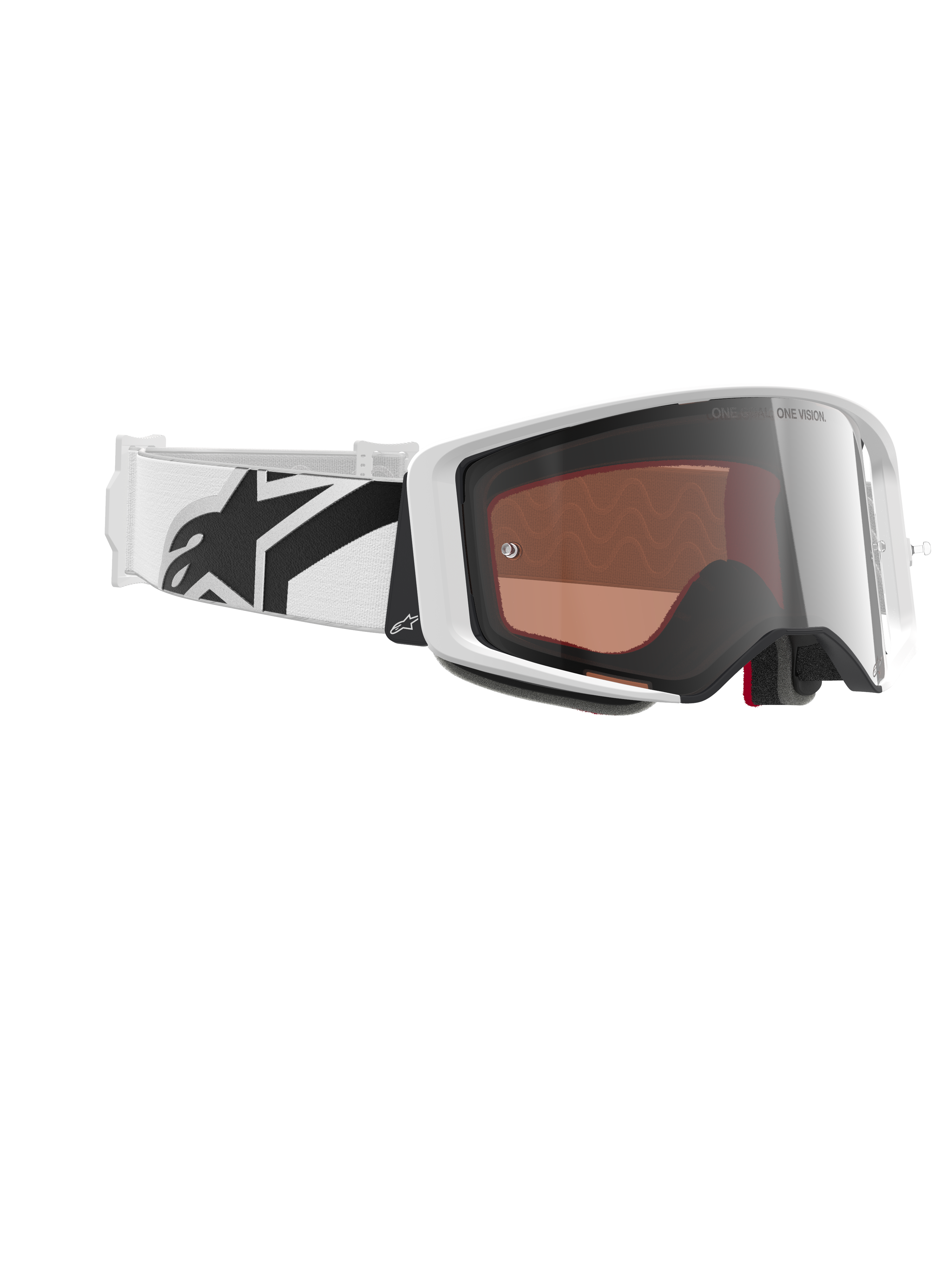 Masque Alpinestars Supertech Corp Absolute Vision, masque de motocross, blanc et argent miroir, doté d'une monture blanche avec un écran argenté réfléchissant, large bandeau blanc réglable avec logo étoile noir, lunettes de course tout-terrain professionnelles