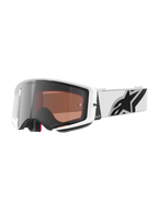 Alpinestars Supertech Corp Goggles Absolute Vision, masque de motocross, monture blanche avec écran miroir argenté, large bandeau blanc réglable avec un grand logo étoile Alpinestars noir, protection oculaire haute performance pour la course tout-terrain