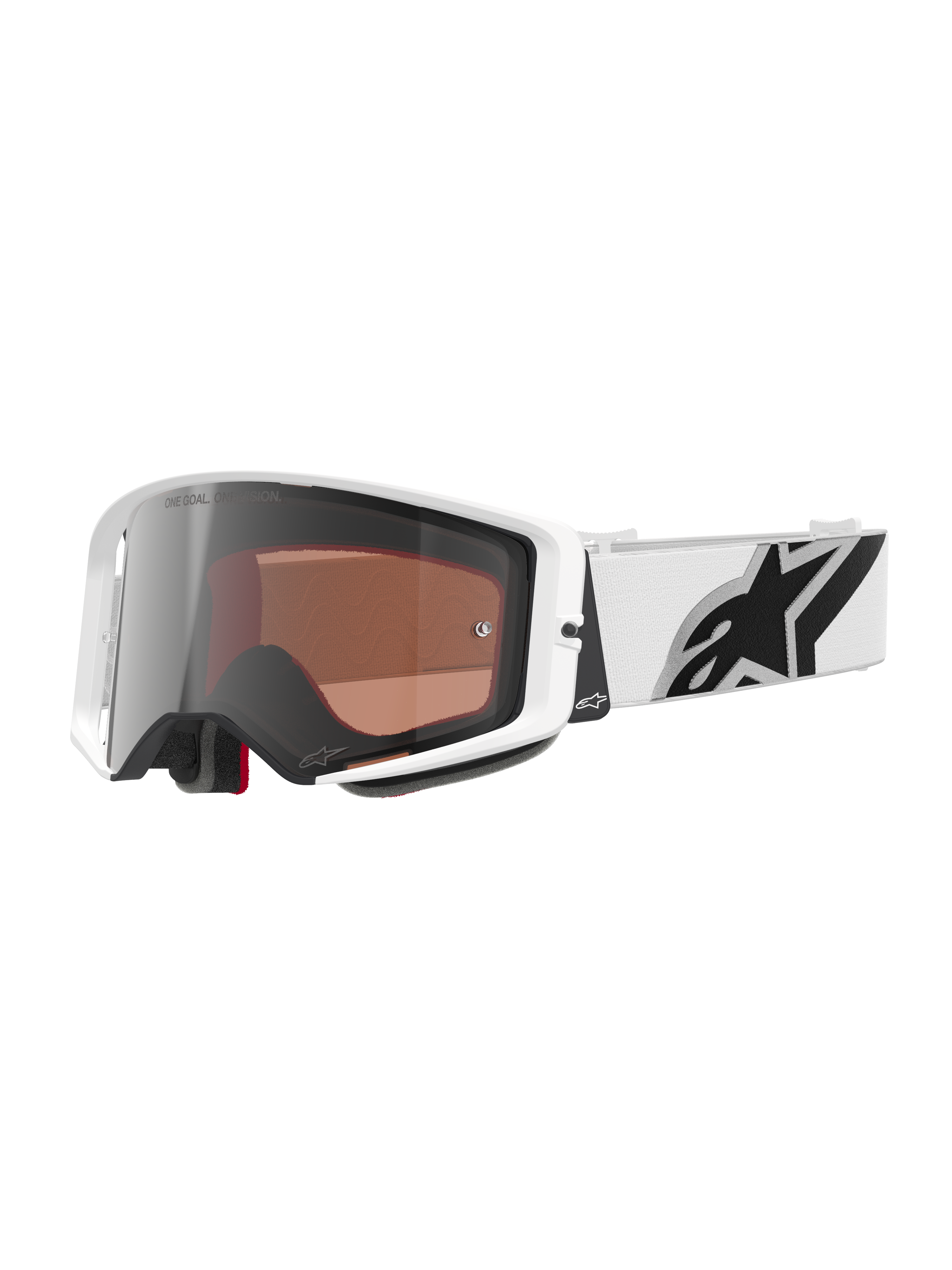 Alpinestars Supertech Corp Goggles Absolute Vision, masque de motocross, monture blanche avec écran miroir argenté, large bandeau blanc réglable avec un grand logo étoile Alpinestars noir, protection oculaire haute performance pour la course tout-terrain
