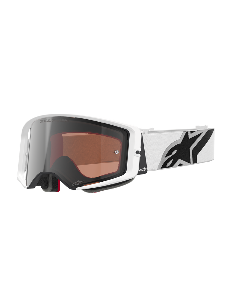 Alpinestars Supertech Corp Goggles Absolute Vision, Motocross Goggles, White frame with Silver Mirror lens, wide white adjustable strap featuring a large black Alpinestars star logo, high-performance protective eyewear for off-road racing
