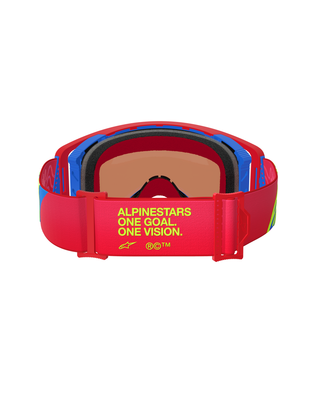 Masque Alpinestars Supertech Corp Absolute Vision, vue arrière, monture rouge et bleue, bandeau élastique rouge avec le texte jaune « One Goal. One Vision. », mousse faciale multicouche noire, lunettes de motocross haute performance