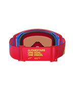 Masque Alpinestars Supertech Corp Absolute Vision, vue arrière, monture rouge et bleue, bandeau élastique rouge avec le texte jaune « One Goal. One Vision. », mousse faciale multicouche noire, lunettes de motocross haute performance