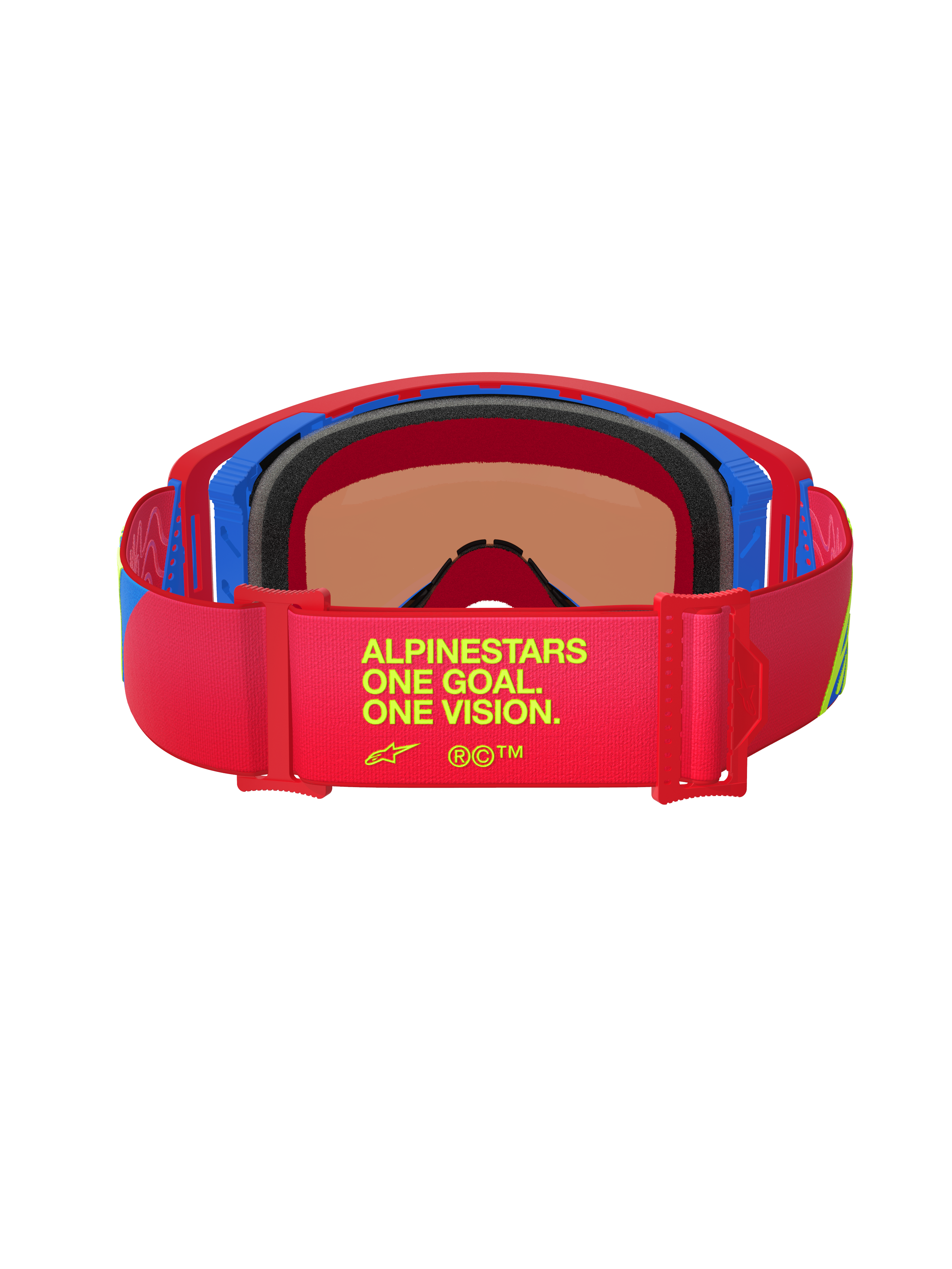 Masque Alpinestars Supertech Corp Absolute Vision, vue arrière, monture rouge et bleue, bandeau élastique rouge avec le texte jaune « One Goal. One Vision. », mousse faciale multicouche noire, lunettes de motocross haute performance