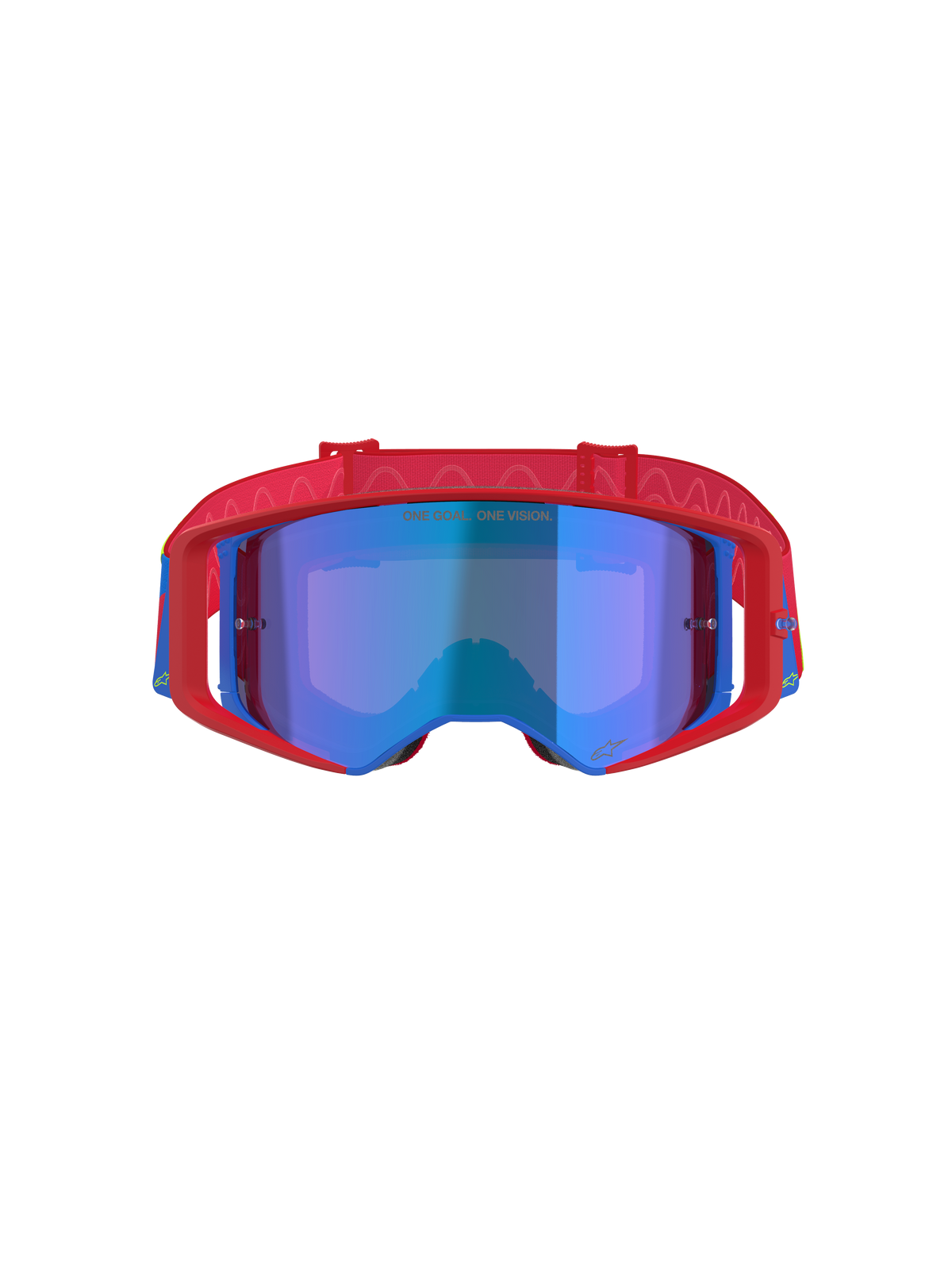 Alpinestars Supertech Corp Goggles Absolute Vision, masque de motocross, rouge et bleu avec écran bleu miroir, doté d'une monture rouge vif avec des accents bleus, d'un bandeau rouge à motifs et de l'inscription 'ONE GOAL... ONE VISION.' sur l'écran.