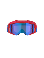 Alpinestars Supertech Corp Goggles Absolute Vision, masque de motocross, rouge et bleu avec écran bleu miroir, doté d'une monture rouge vif avec des accents bleus, d'un bandeau rouge à motifs et de l'inscription 'ONE GOAL... ONE VISION.' sur l'écran.