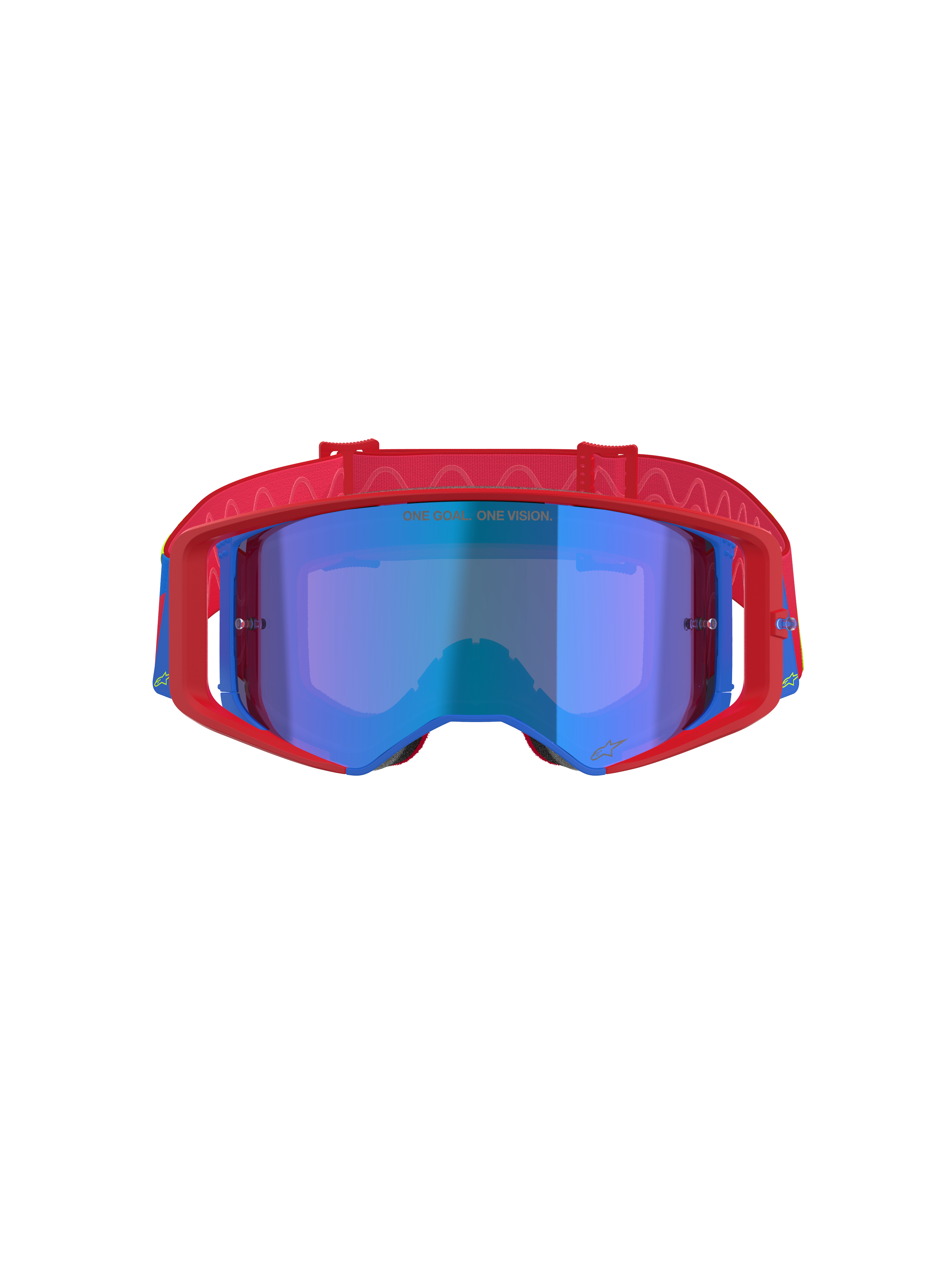 Alpinestars Supertech Corp Goggles Absolute Vision, masque de motocross, rouge et bleu avec écran bleu miroir, doté d'une monture rouge vif avec des accents bleus, d'un bandeau rouge à motifs et de l'inscription 'ONE GOAL... ONE VISION.' sur l'écran.