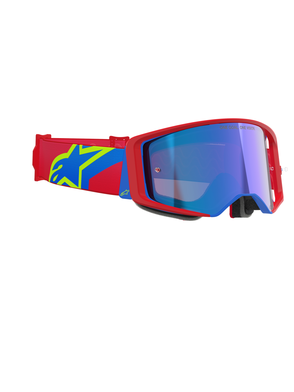 Alpinestars Supertech Corp Goggles Absolute Vision, masque de motocross, monture rouge et bleue avec écran bleu miroir, bandeau rouge et bleu avec logo étoile Alpinestars jaune, lunettes de course professionnelles tout-terrain