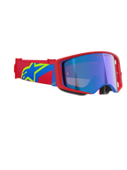 Alpinestars Supertech Corp Goggles Absolute Vision, masque de motocross, monture rouge et bleue avec écran bleu miroir, bandeau rouge et bleu avec logo étoile Alpinestars jaune, lunettes de course professionnelles tout-terrain