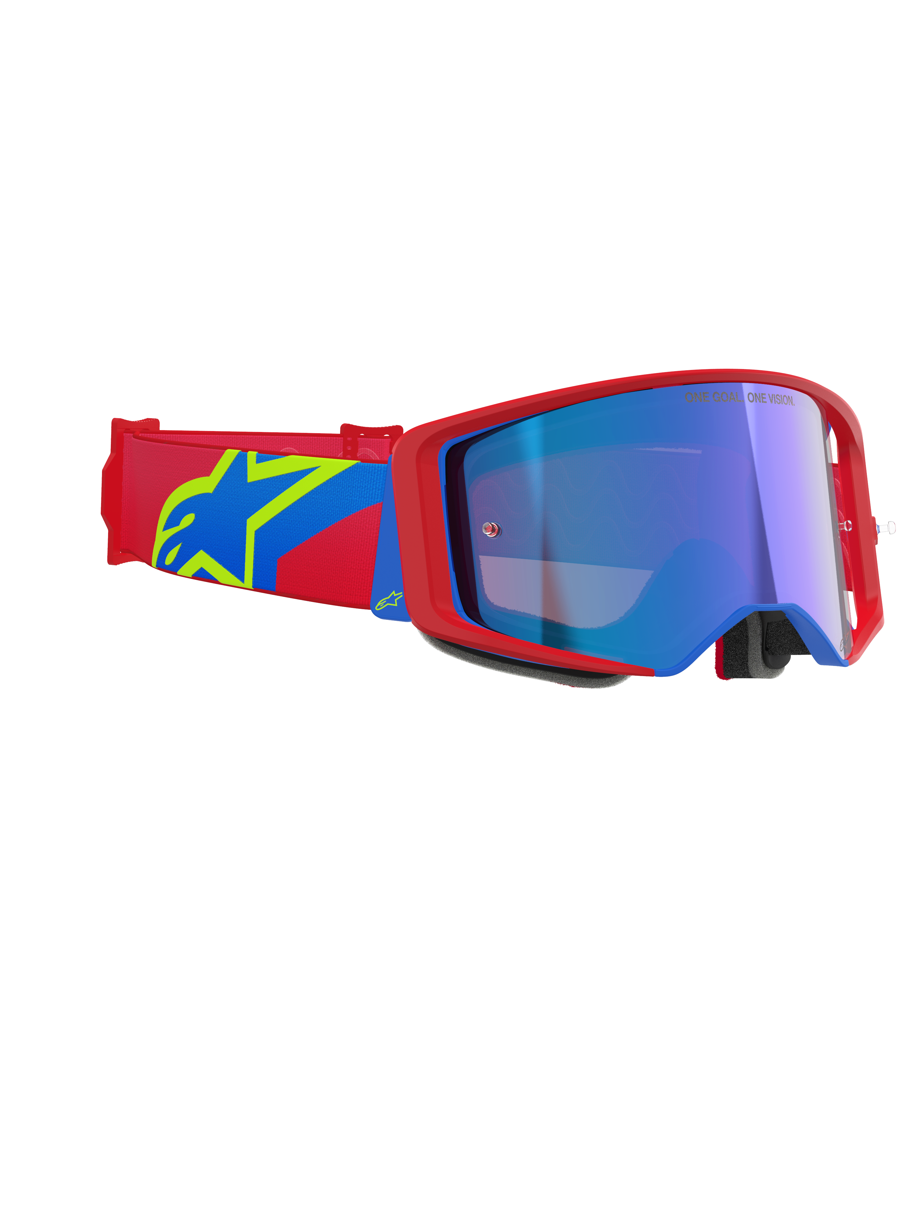 Alpinestars Supertech Corp Goggles Absolute Vision, masque de motocross, monture rouge et bleue avec écran bleu miroir, bandeau rouge et bleu avec logo étoile Alpinestars jaune, lunettes de course professionnelles tout-terrain