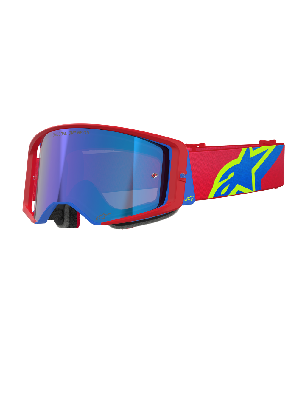 Lunettes Alpinestars Supertech Corp Absolute Vision, lunettes de motocross, monture rouge et bleue avec écran bleu miroir, bandeau rouge avec logo Alpinestars jaune et bleu, protection oculaire haute performance pour le tout-terrain et la course