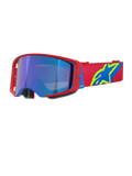 Lunettes Alpinestars Supertech Corp Absolute Vision, lunettes de motocross, monture rouge et bleue avec écran bleu miroir, bandeau rouge avec logo Alpinestars jaune et bleu, protection oculaire haute performance pour le tout-terrain et la course