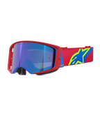 Lunettes Alpinestars Supertech Corp Absolute Vision, lunettes de motocross, monture rouge et bleue avec écran bleu miroir, bandeau rouge avec logo Alpinestars jaune et bleu, protection oculaire haute performance pour le tout-terrain et la course