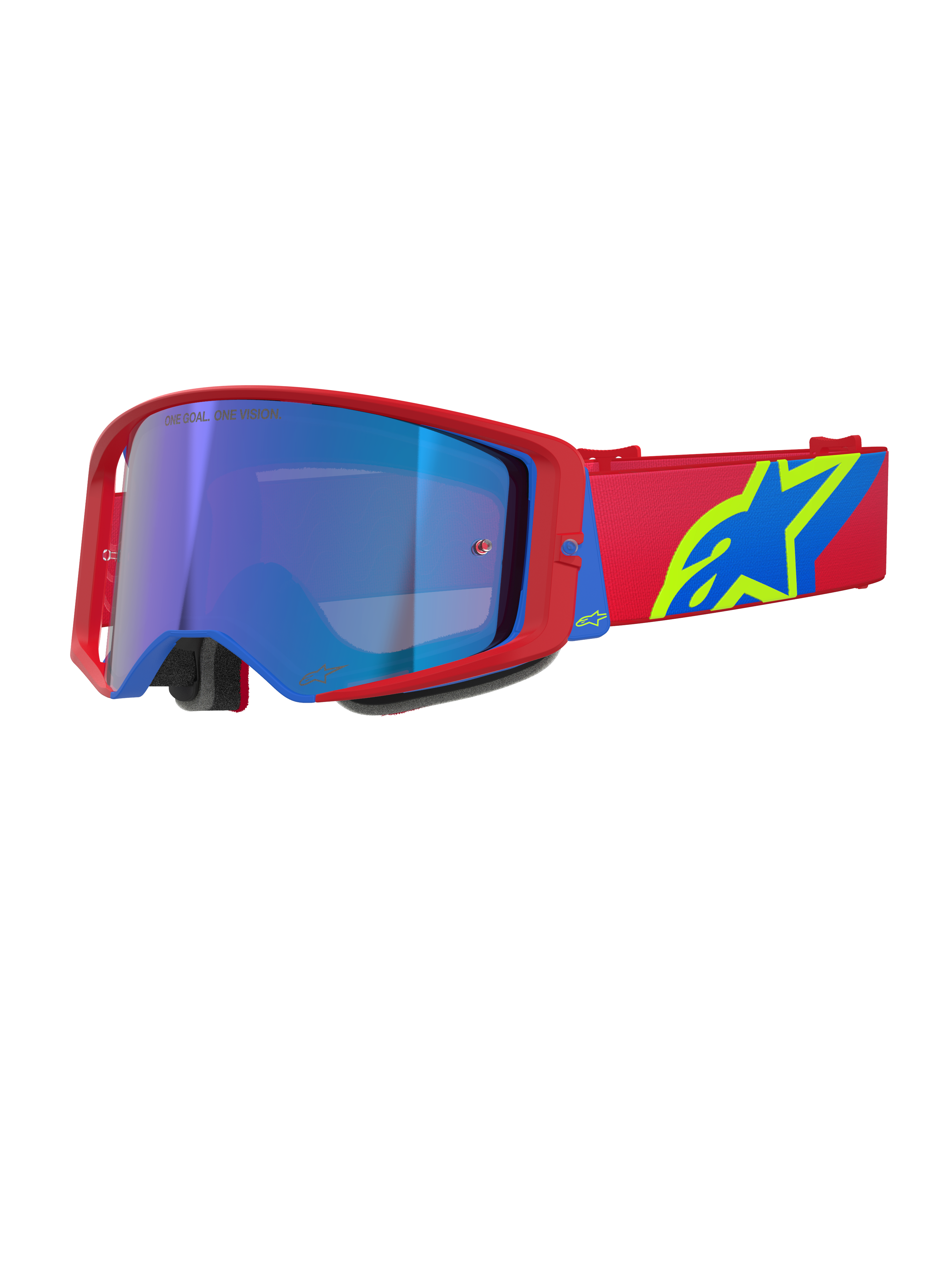 Lunettes Alpinestars Supertech Corp Absolute Vision, lunettes de motocross, monture rouge et bleue avec écran bleu miroir, bandeau rouge avec logo Alpinestars jaune et bleu, protection oculaire haute performance pour le tout-terrain et la course