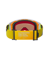 Alpinestars Supertech Corp Goggles Absolute Vision, Rear View, Yellow Fluo strap featuring "ALPINESTARS ONE GOAL. ONE VISION." branding, orange and grey frame with multi-layer black face foam, warm-tinted mirror lens, high-performance motocross eyewear