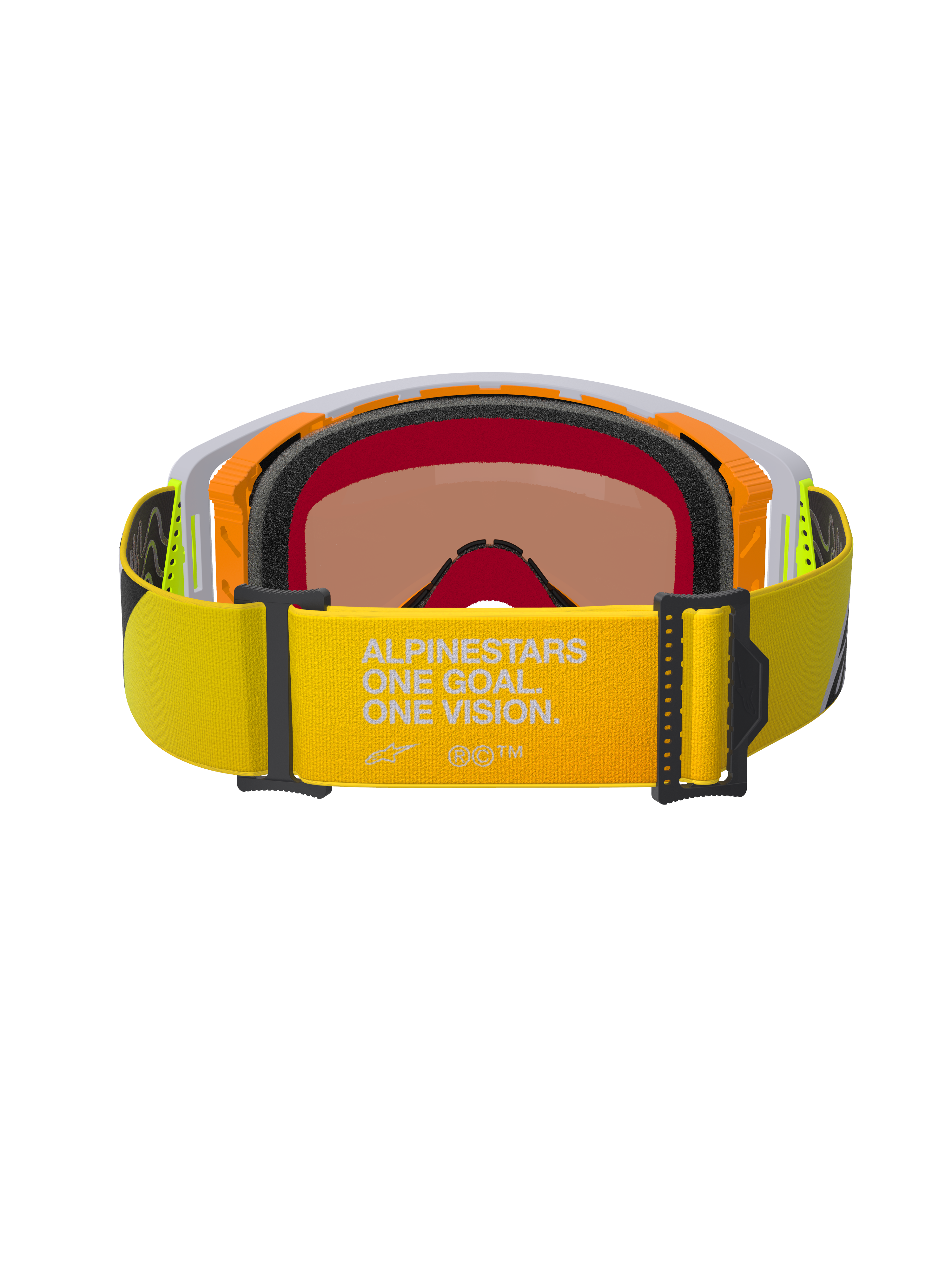 Alpinestars Supertech Corp Goggles Absolute Vision, Rear View, Yellow Fluo strap featuring "ALPINESTARS ONE GOAL. ONE VISION." branding, orange and grey frame with multi-layer black face foam, warm-tinted mirror lens, high-performance motocross eyewear