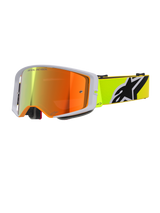 Alpinestars Supertech Corp Goggles Absolute Vision, Motocross Goggles, Yellow Fluo and Grey, Red Mirrored Lens with 'One Goal. One Vision.' text, fluorescent yellow strap with bold black and white Alpinestars logo, high-performance off-road eyewear