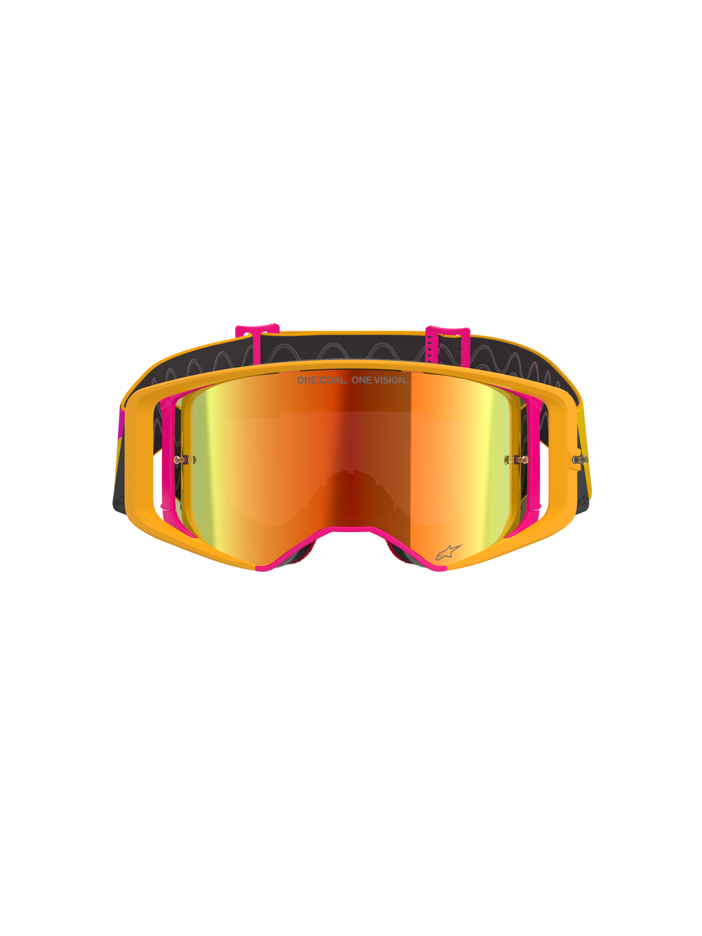 Alpinestars Supertech Corp Goggles Absolute Vision, masque de motocross, monture jaune et rose avec écran miroir rouge, vue de face, arborant le texte 'ONE GOAL. ONE VISION.' sur l'écran, bandeau noir réglable avec silicone antidérapant