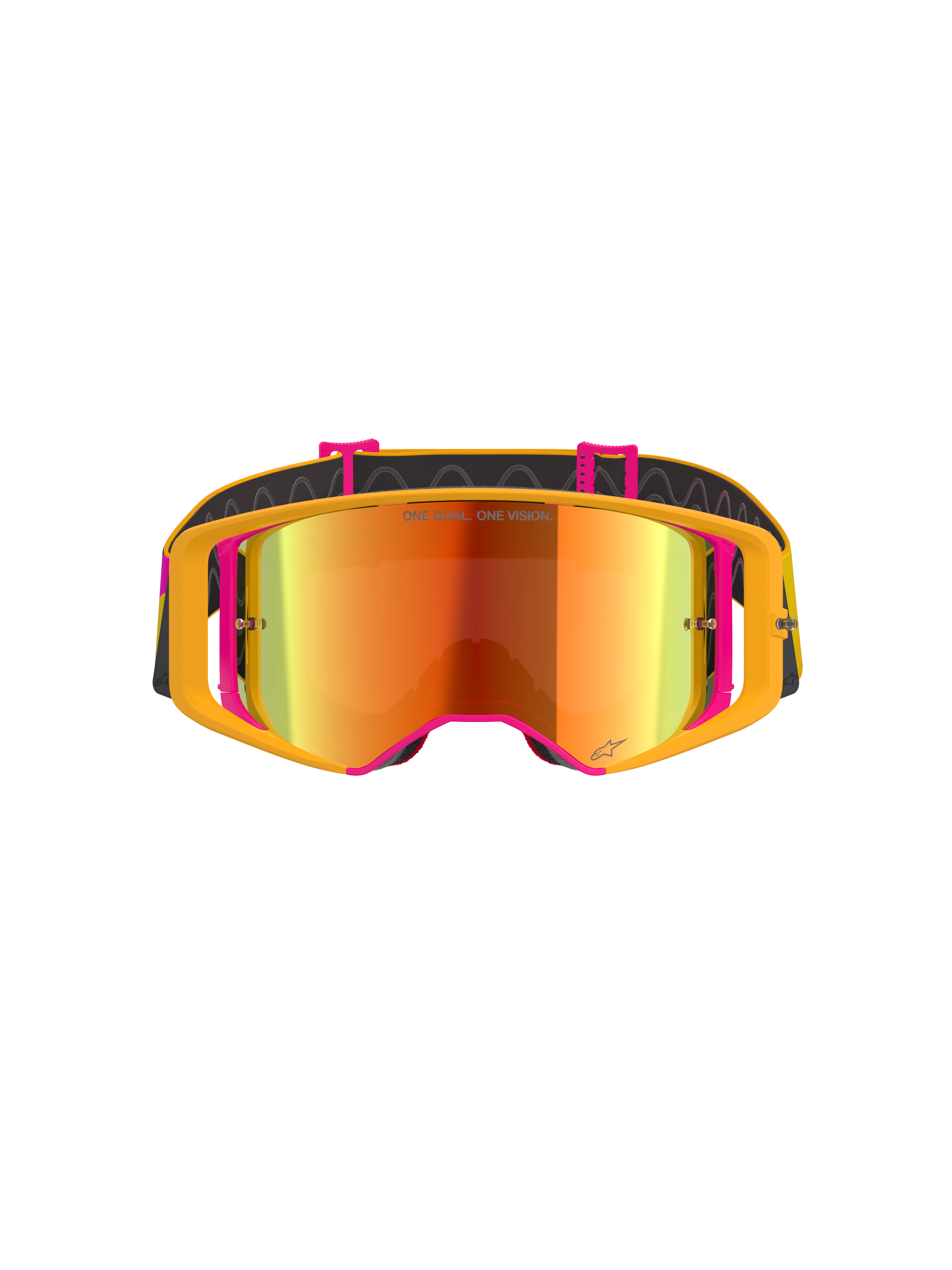 Alpinestars Supertech Corp Goggles Absolute Vision, masque de motocross, monture jaune et rose avec écran miroir rouge, vue de face, arborant le texte 'ONE GOAL. ONE VISION.' sur l'écran, bandeau noir réglable avec silicone antidérapant