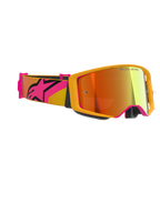 Masque Alpinestars Supertech Corp Absolute Vision, masque de motocross, jaune avec des accents roses et lentille miroir rouge, doté d'un large bandeau rose et jaune avec un grand logo Alpinestars, inscription « ONE GOAL. ONE VISION. » imprimée sur la lentille, lunettes de course haute performance pour le tout-terrain