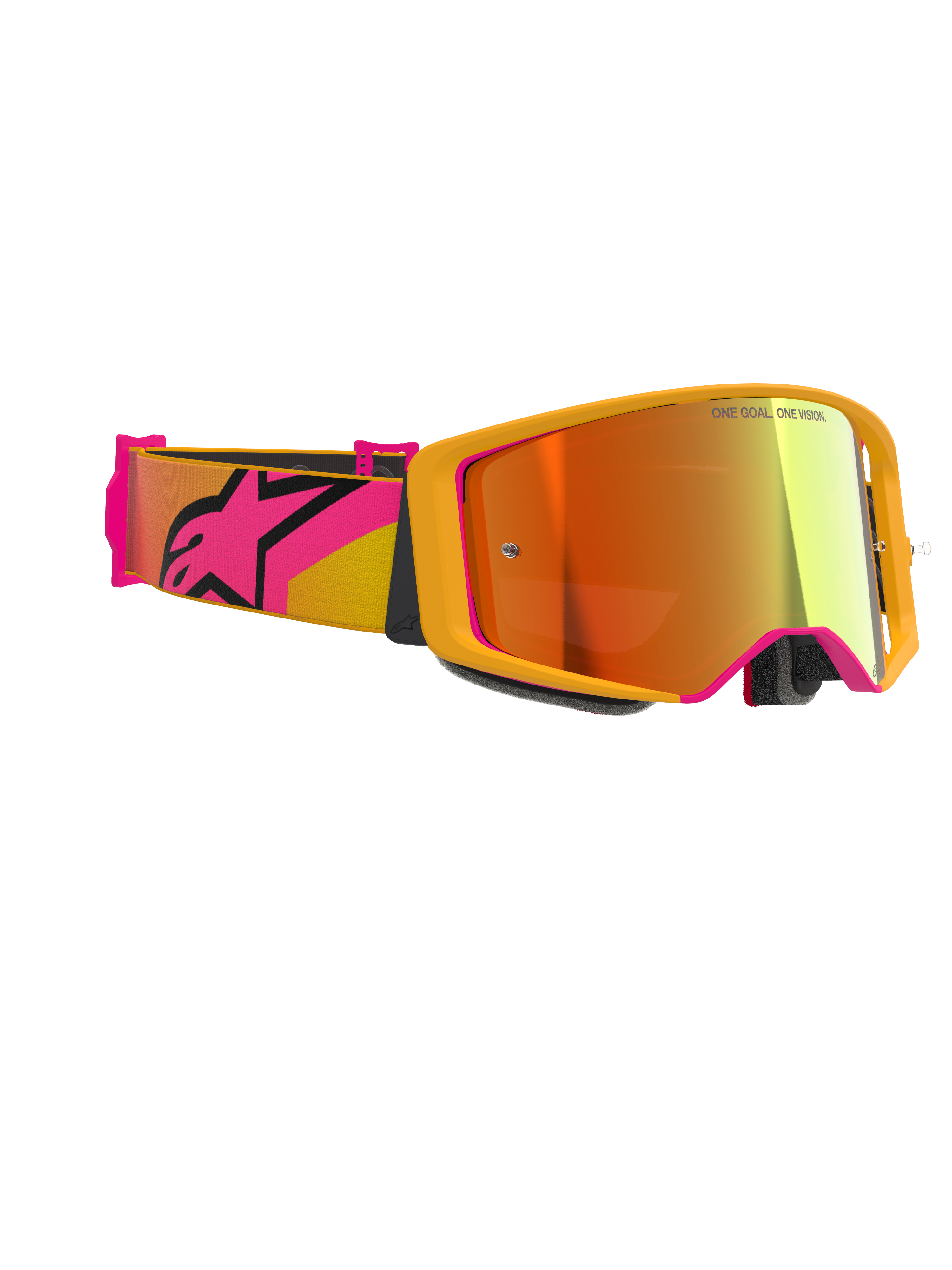 Masque Alpinestars Supertech Corp Absolute Vision, masque de motocross, jaune avec des accents roses et lentille miroir rouge, doté d'un large bandeau rose et jaune avec un grand logo Alpinestars, inscription « ONE GOAL. ONE VISION. » imprimée sur la lentille, lunettes de course haute performance pour le tout-terrain