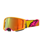 Alpinestars Supertech Corp Goggles Absolute Vision, masque de motocross, jaune et rose miroir rouge, doté d'une monture jaune vif, écran miroir aux reflets orange et rouge, bandeau jaune avec grand logo étoile Alpinestars rose, lunettes de course tout-terrain professionnelles